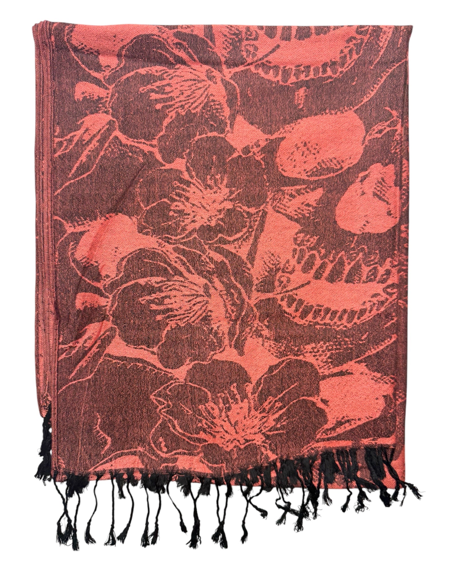 Floral patterned scarf with black fringes on a white background