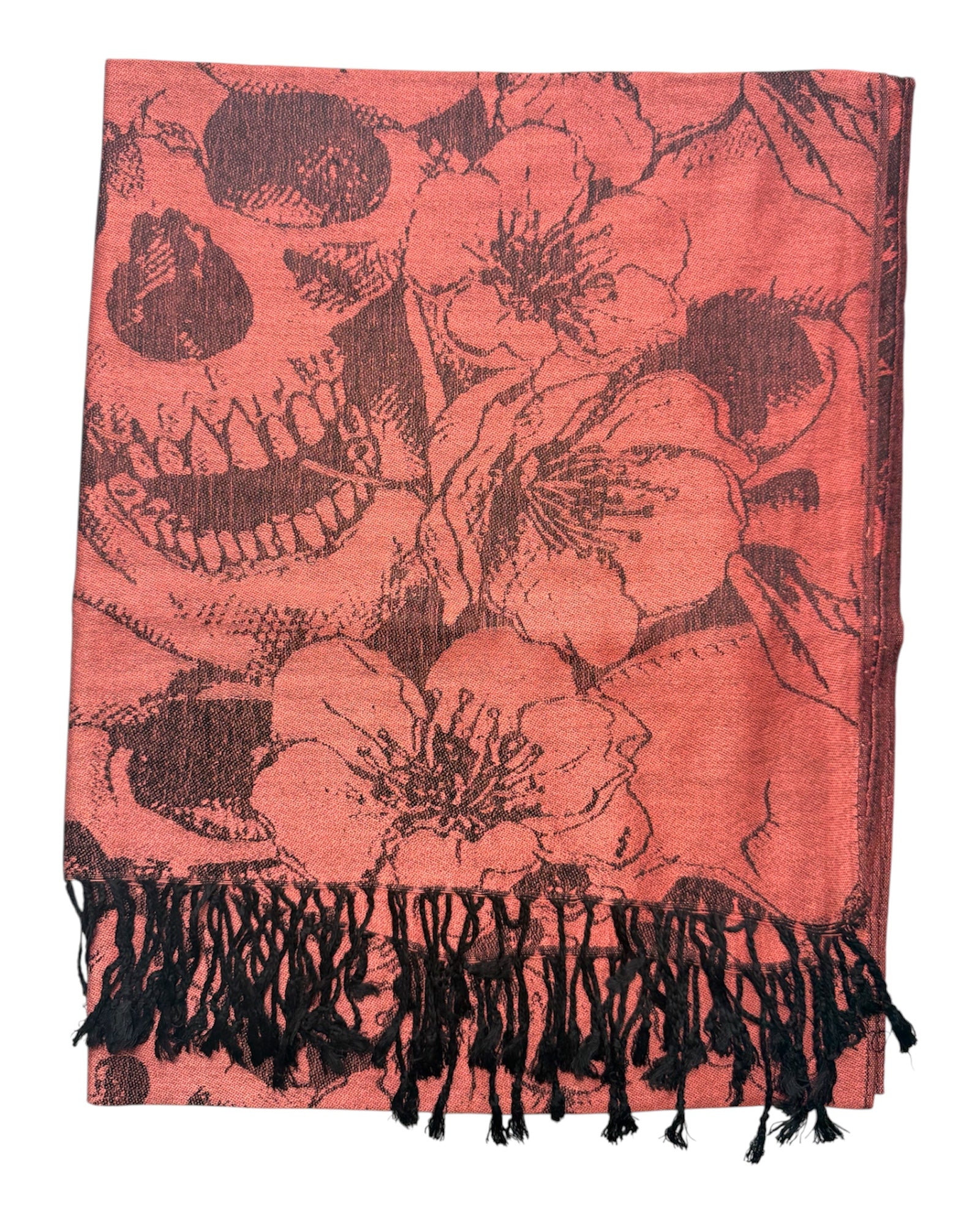 Red scarf with black floral and skeleton design on a white background