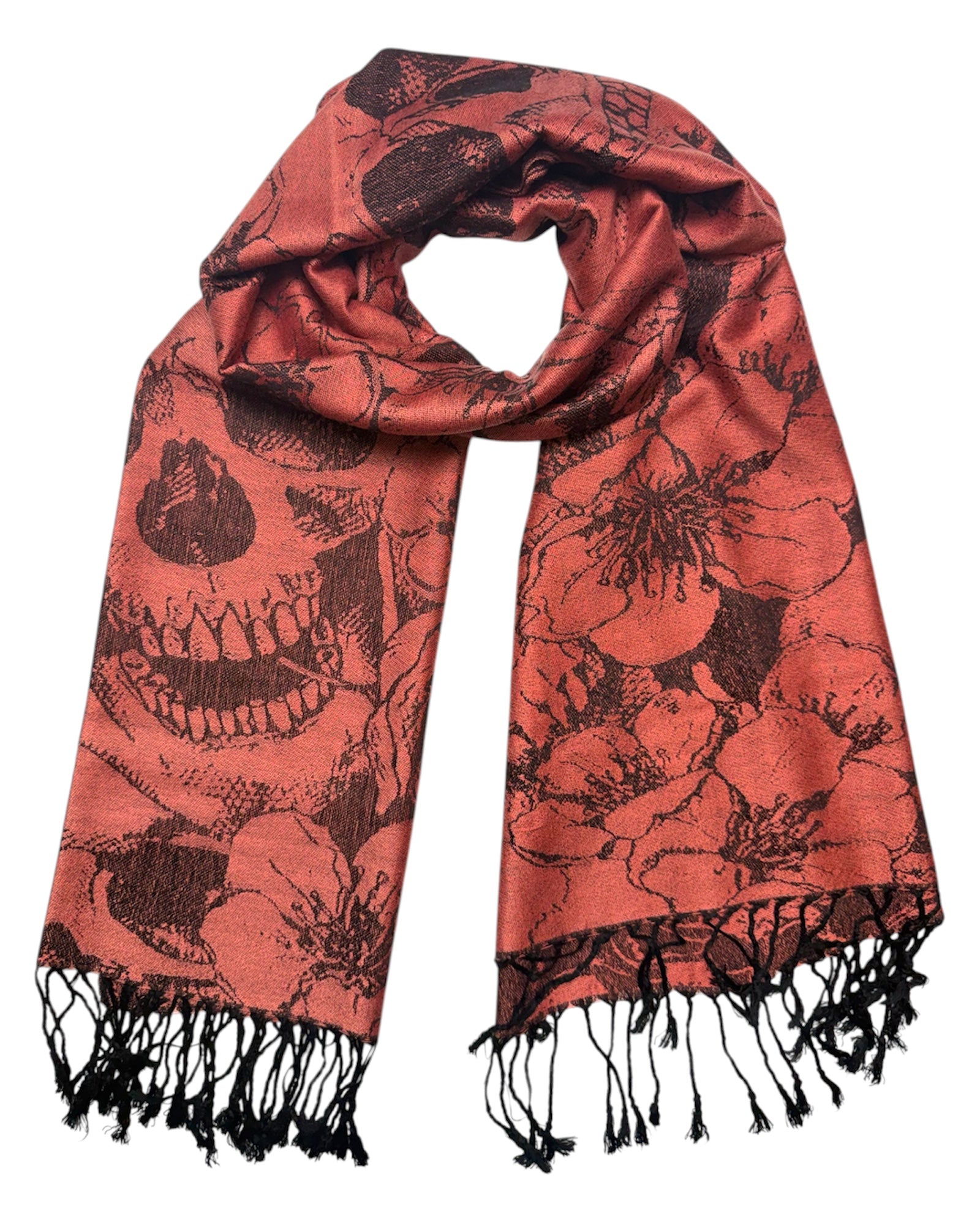 Red scarf with black floral pattern on a white background