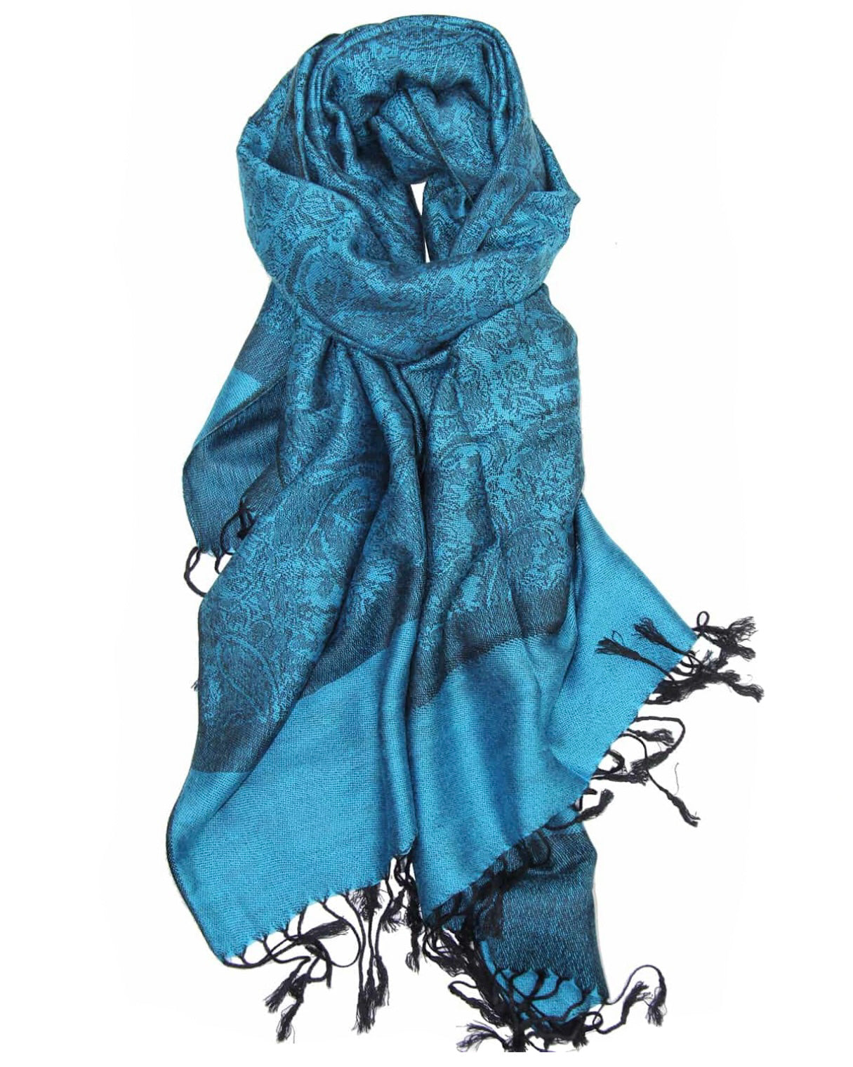 A blue pashmina with paisley patterns draped around, showing off its length and the fringes on the sides.