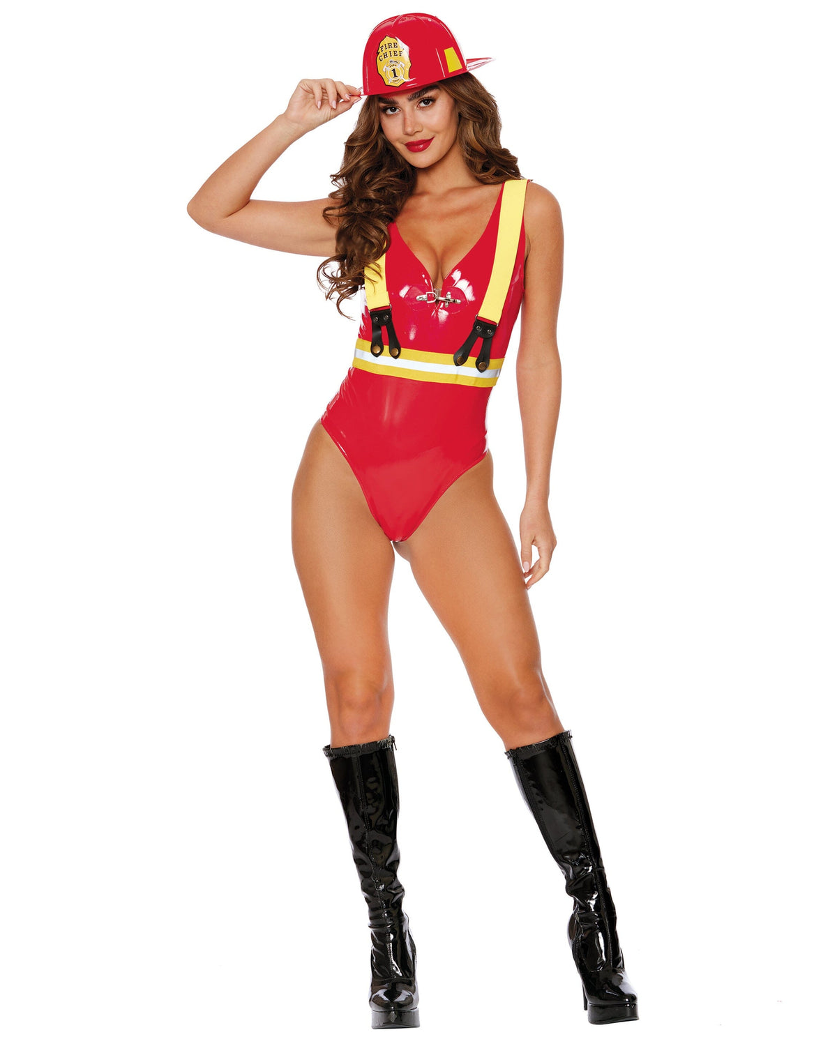 Person wearing a red fireman-themed costume with a hat on a white background