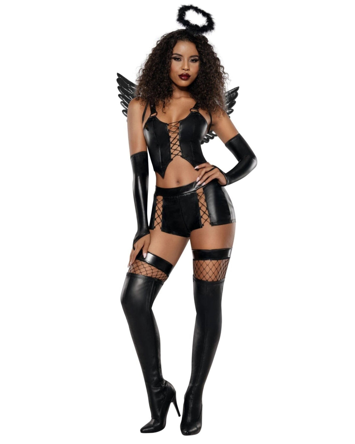 Model wearing a black and white costume with angel wings on a white background