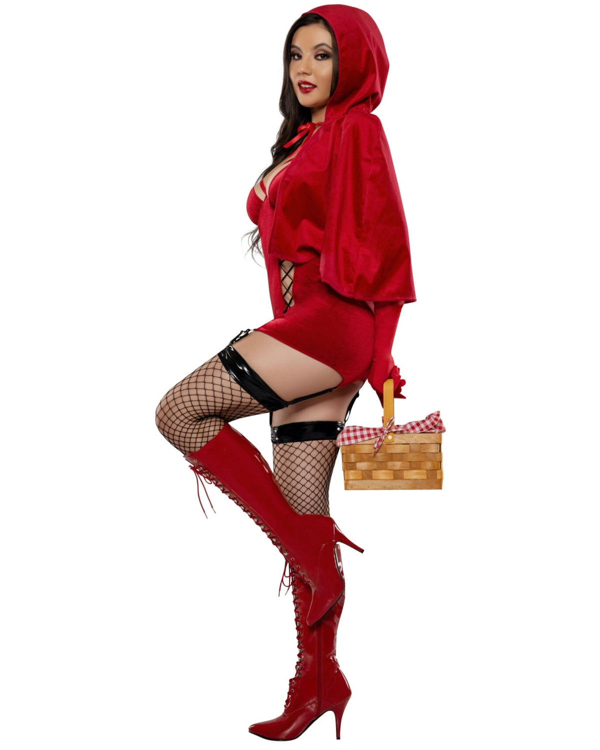 Person wearing a red costume with a hood, holding a picnic basket on a white background