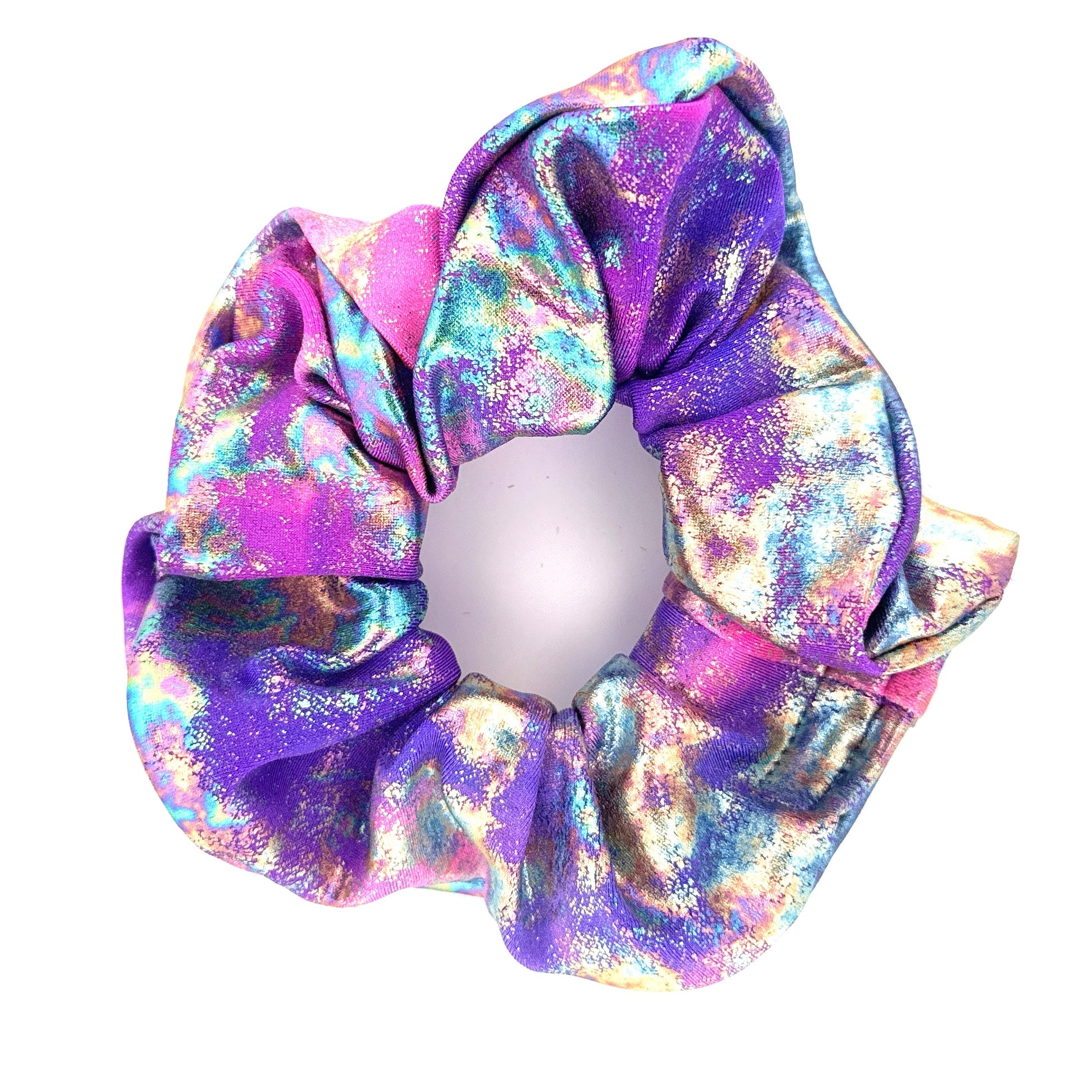 Fairy Dust stashie with pastel purple, pink, and aqua shimmer pattern, worn as a rave outfit hair or wrist accessory