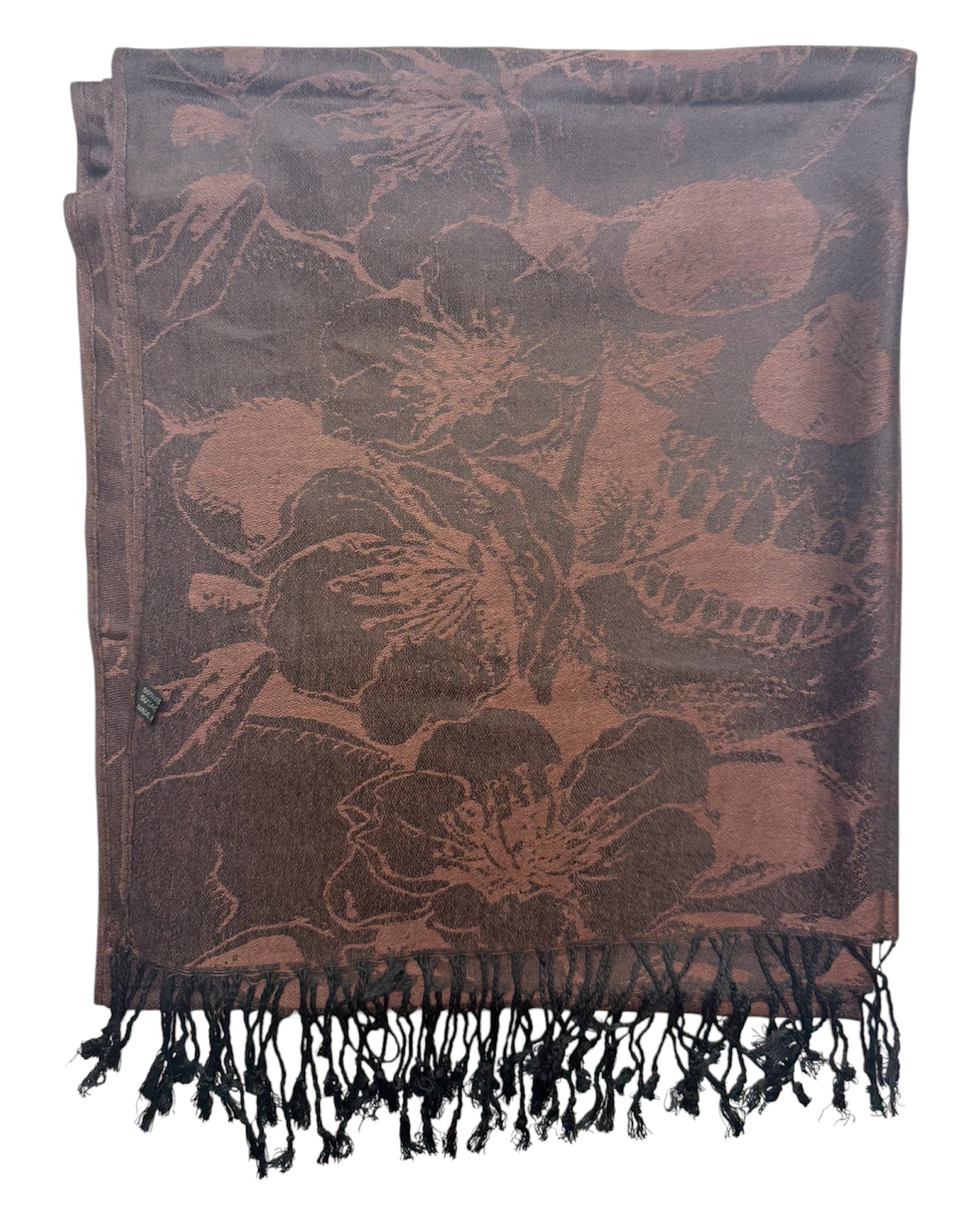 Floral patterned scarf with black fringes on a white background