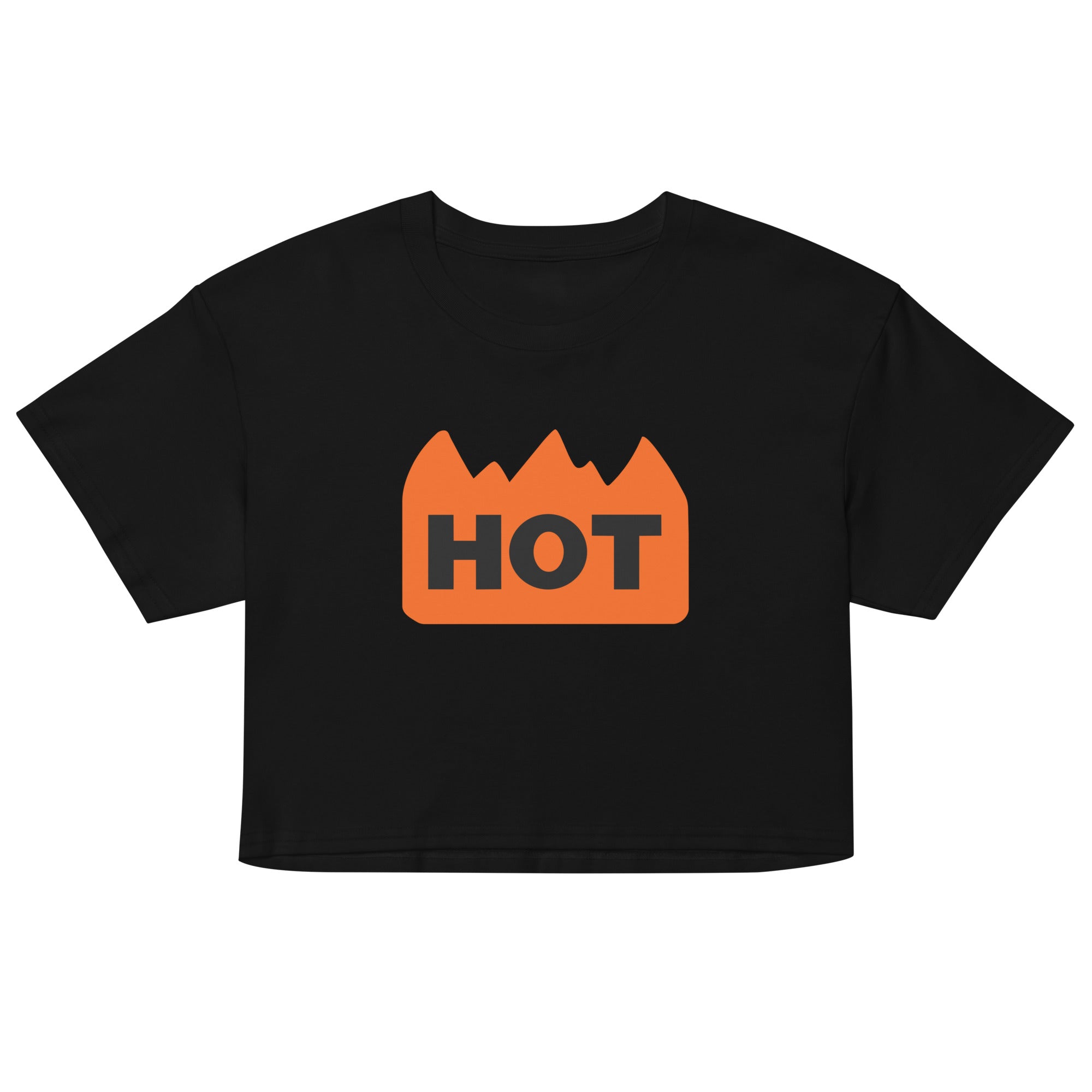 Black cropped t-shirt with an orange flame-shaped graphic and bold "HOT" text printed on the chest.