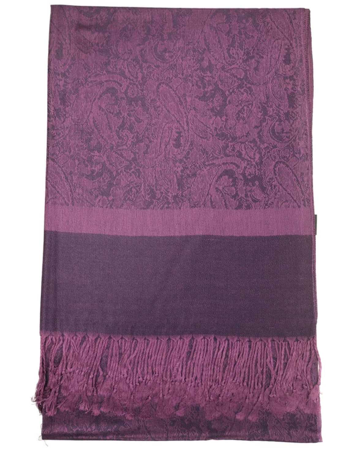 Purple scarf with intricate patterns and fringes on a white background