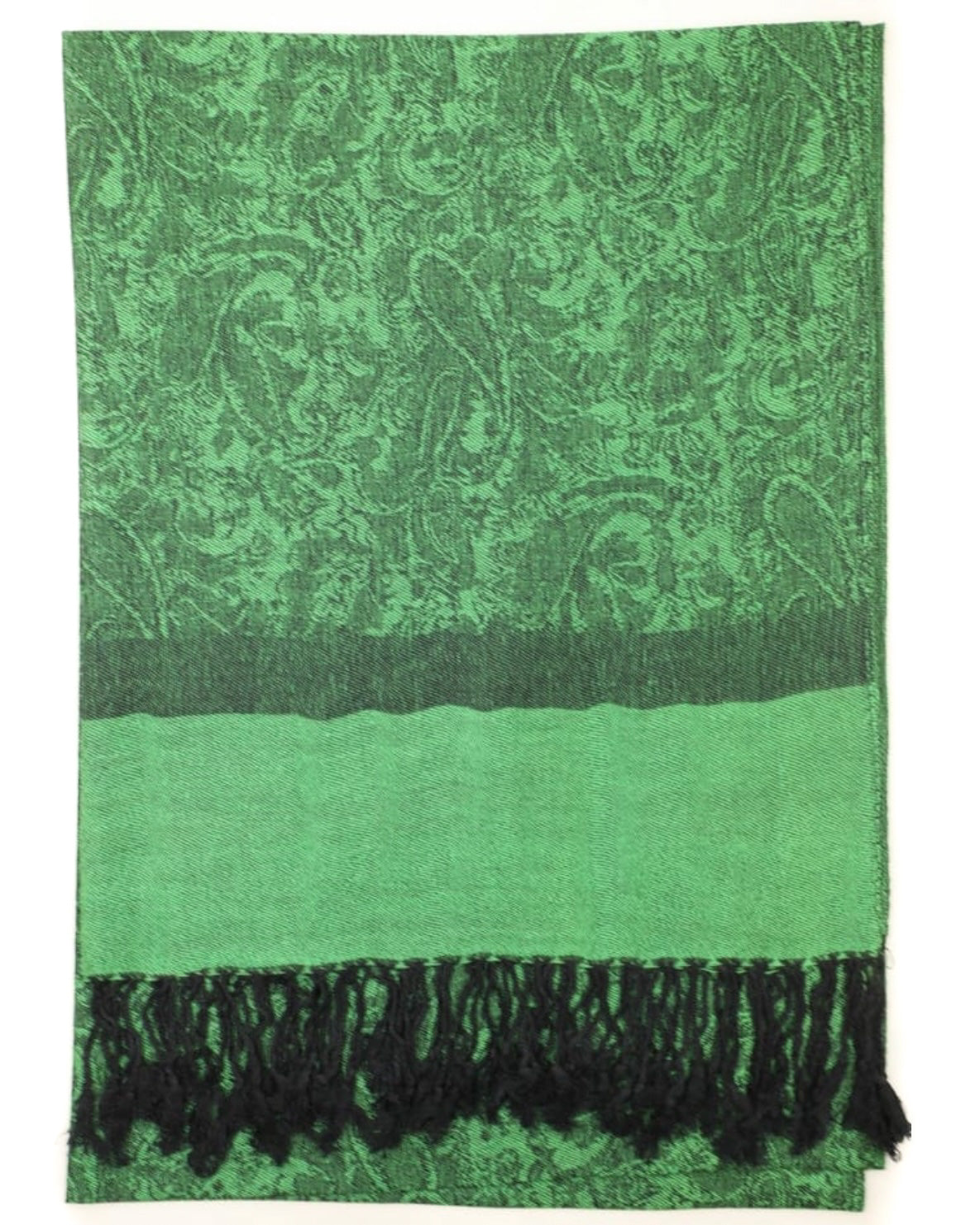 A green and black paisley pattern pashmina with fringes displayed on a white background.