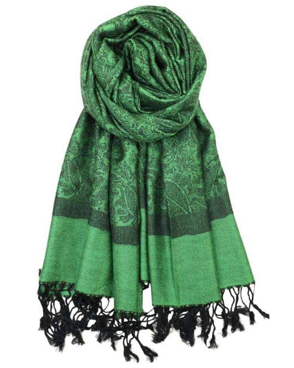 A green and black paisley pattern pashmina with fringes displayed on a white background.