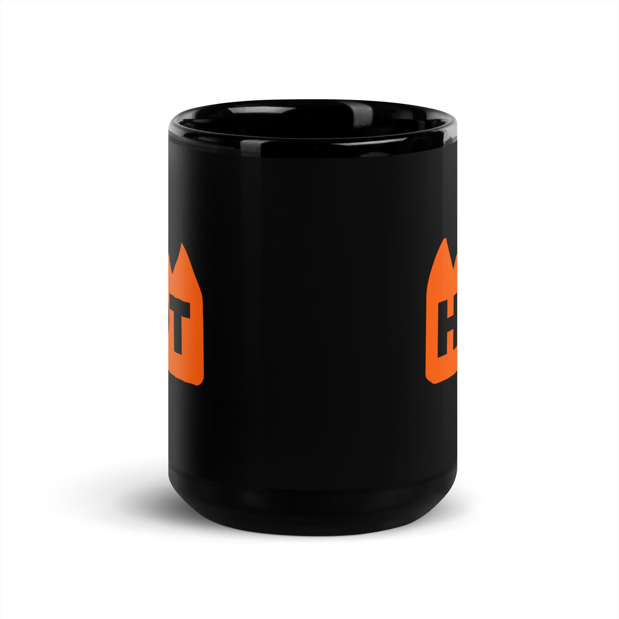 Side view of glossy black ceramic mug inspired by HOT festival stickers