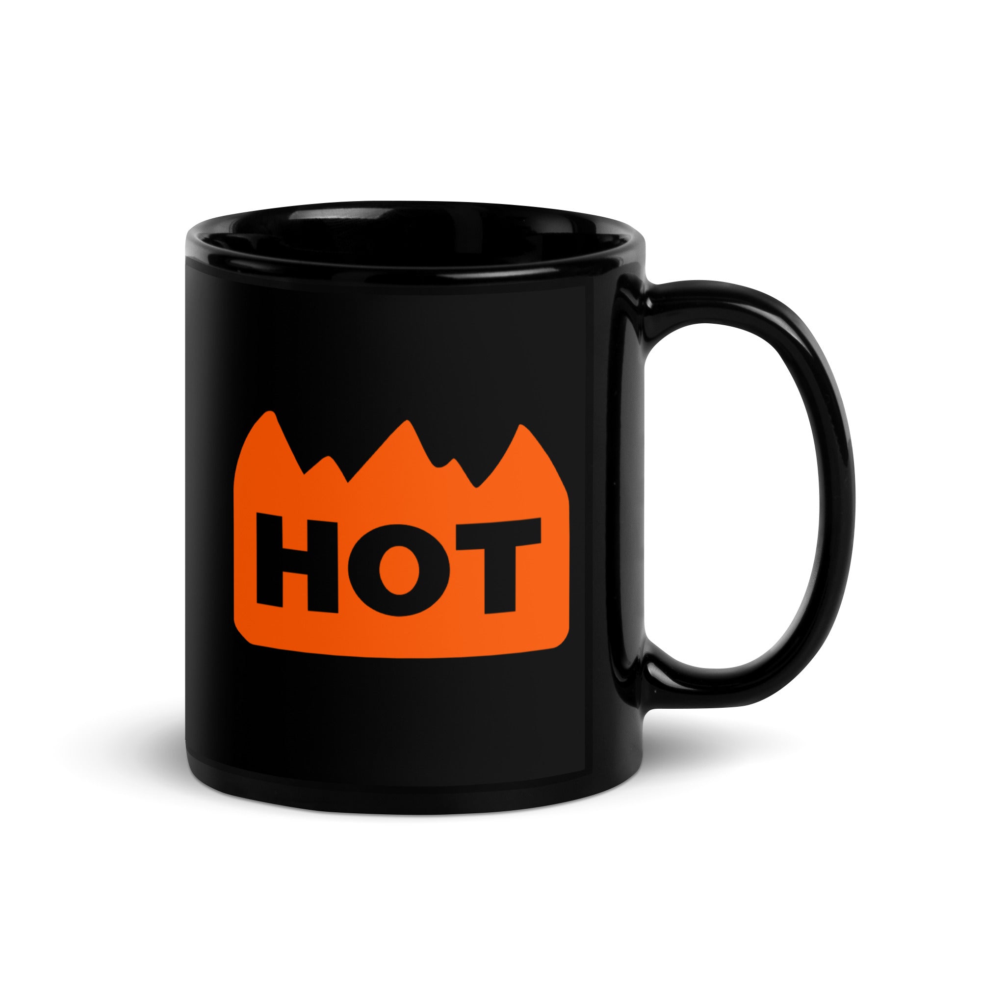 Hot Sticker black glossy rave mug with orange flame design.