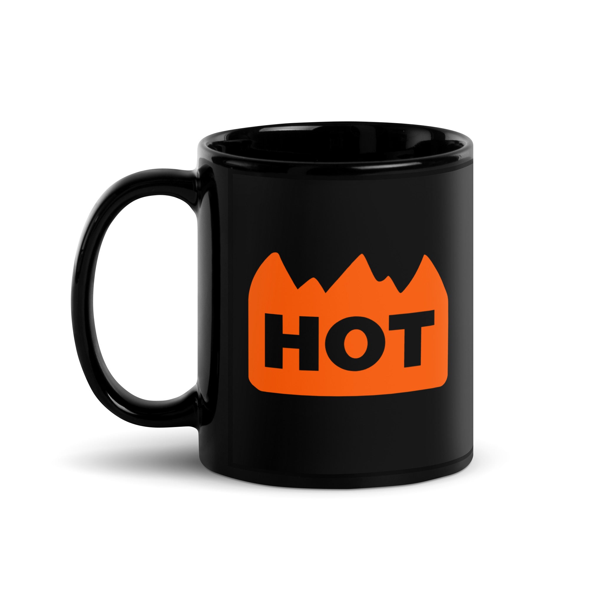 Black rave coffee mug featuring the orange HOT sticker design.