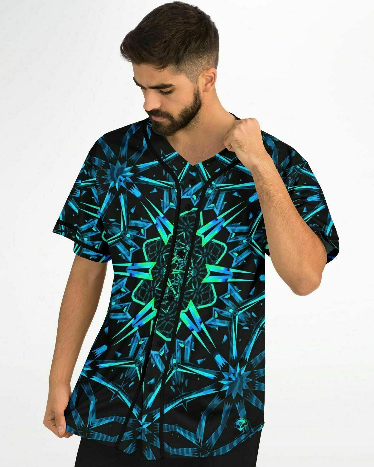 Male model showcasing the One Stop Rave Fractals Baseball Jersey