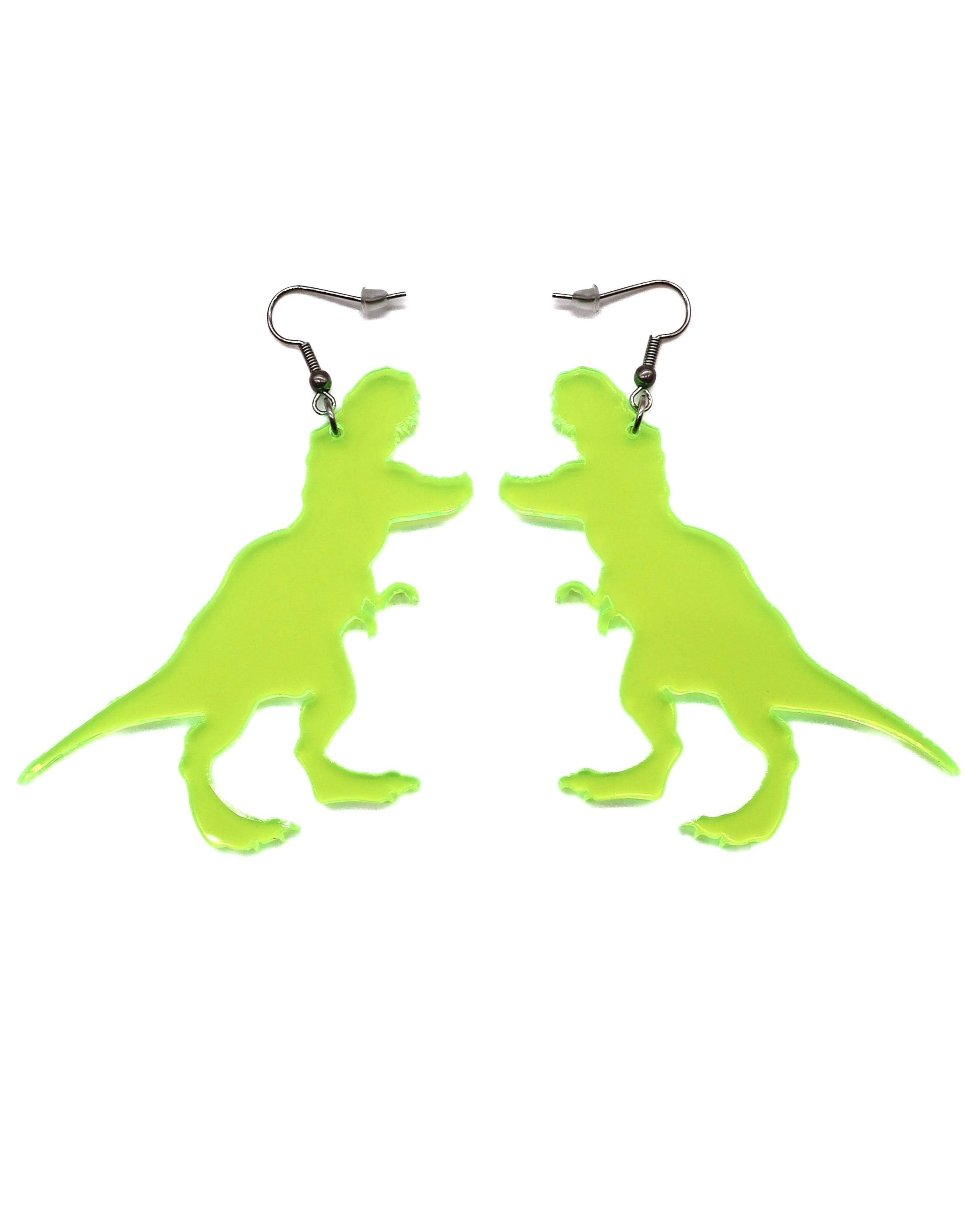 Close-up view of the T-Wrecked Earrings in fluorescent green.