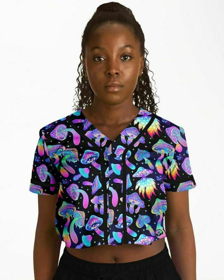 Shroomin Black Cropped Baseball Jersey Rave Ready Mushroom Print Top