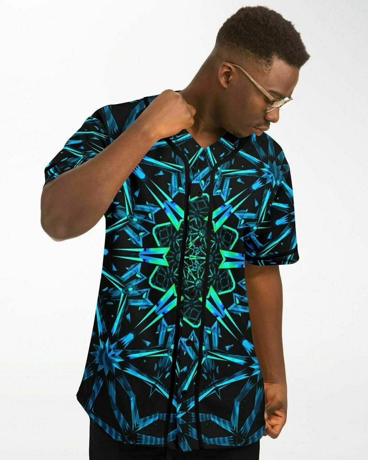 Male model showcasing the One Stop Rave Fractals Baseball Jersey