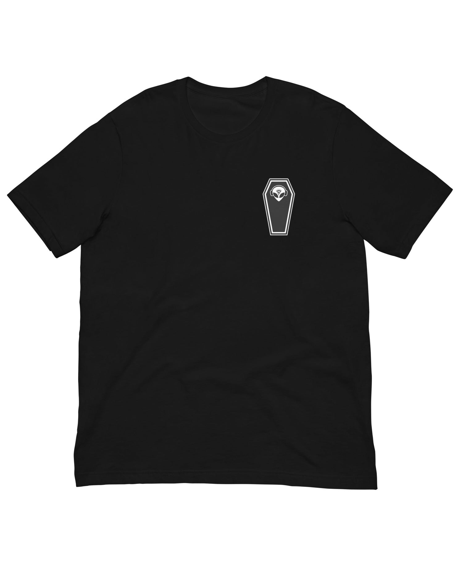 Black t-shirt with an alien head in a coffin over the left chest.