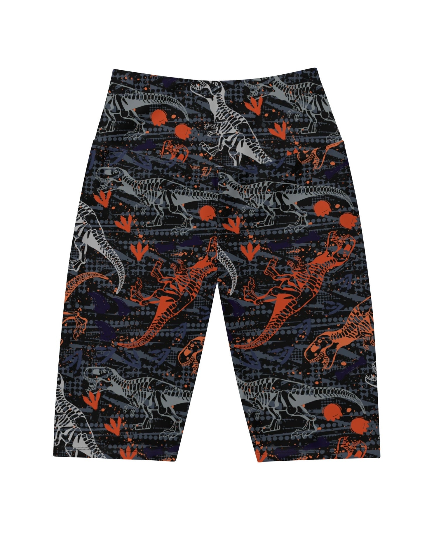 Close-up view of One Stop Rave's T-Wrecked Biker Shorts, showcasing the detailed dinosaur print and high-waisted cut.