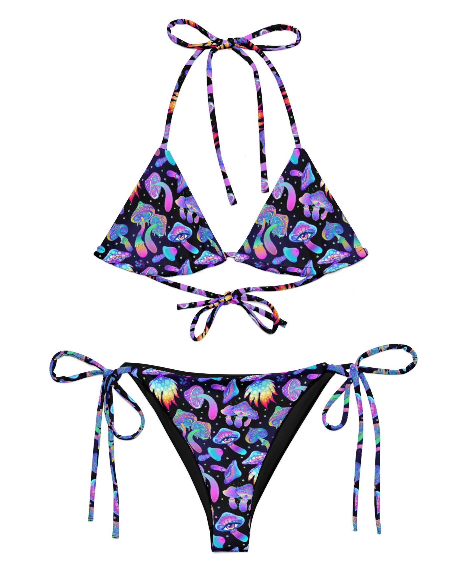 The Shroomin Black Triangle Top & Shroomin Black String Bottoms by One Stop Rave on a white background.