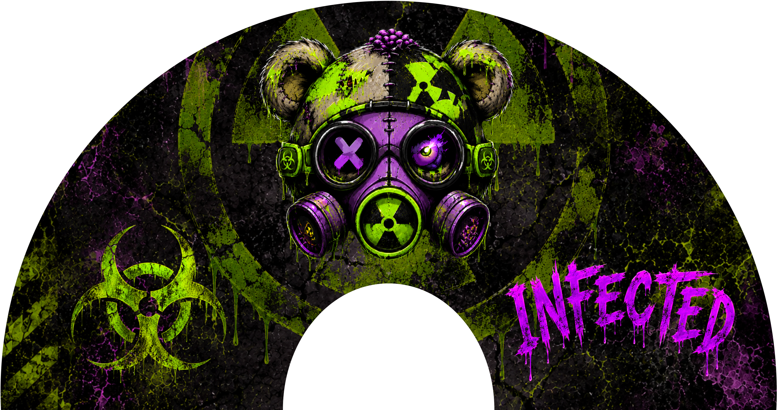 A circular graphic design featuring a central gas mask with radioactive symbols, green biohazard icons, and the word 'INFECTED' in purple graffiti-style lettering on a black and green distressed background.