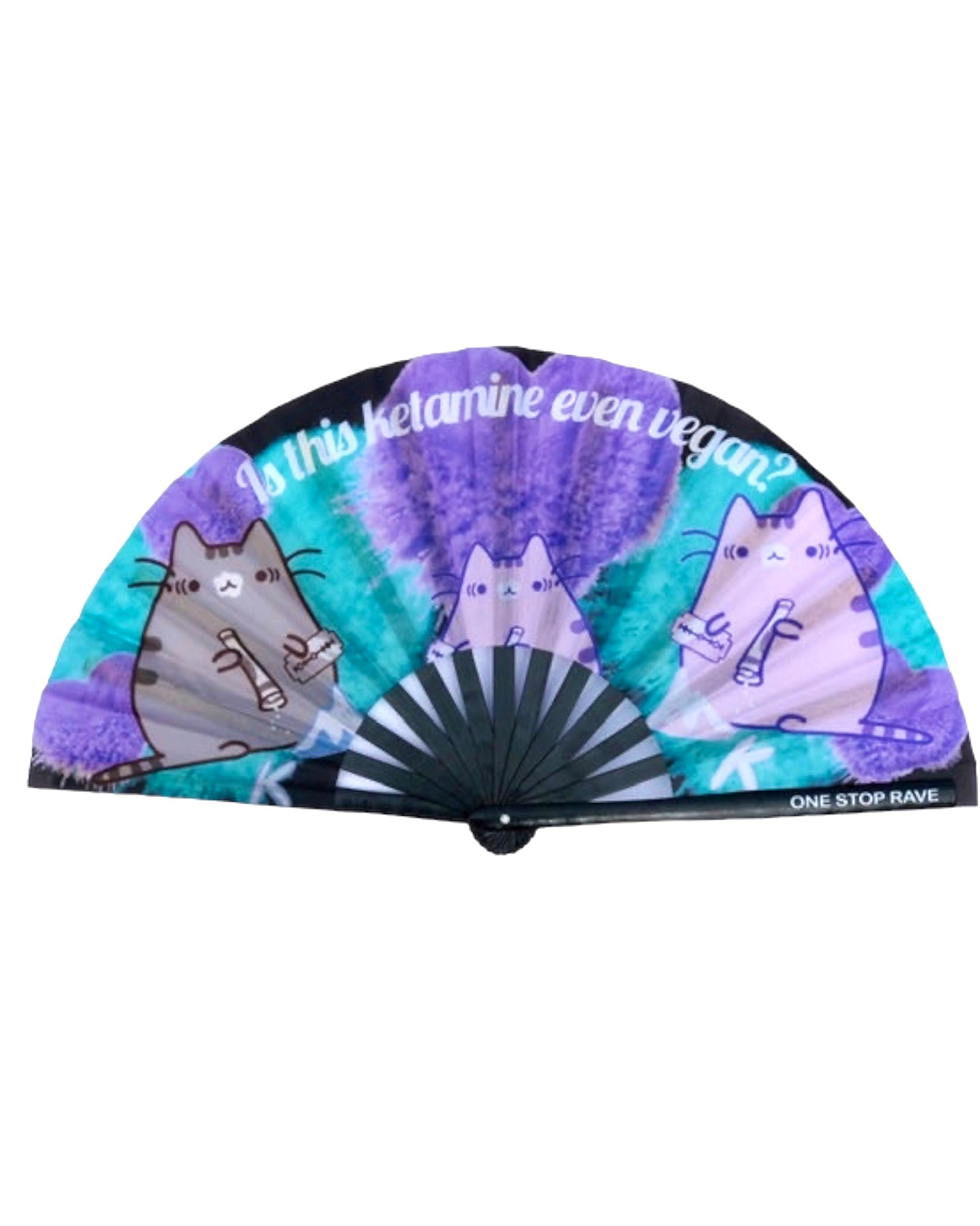 Is This Ketamine Even Vegan? UV reactive festival hand fan featuring three cartoon cats.