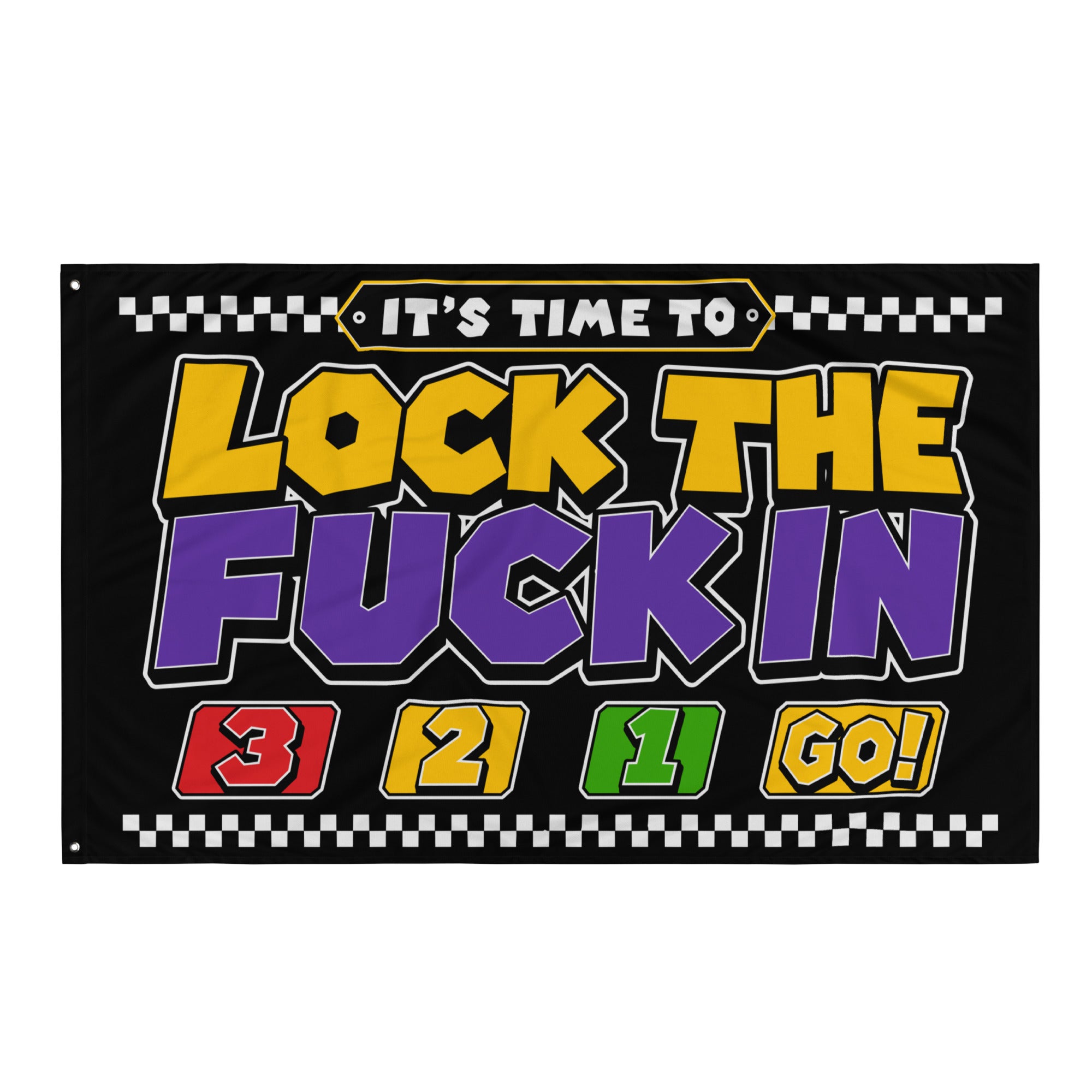 Front view of the It's Time to Lock In festival flag with 3 2 1 GO artwork and white background.