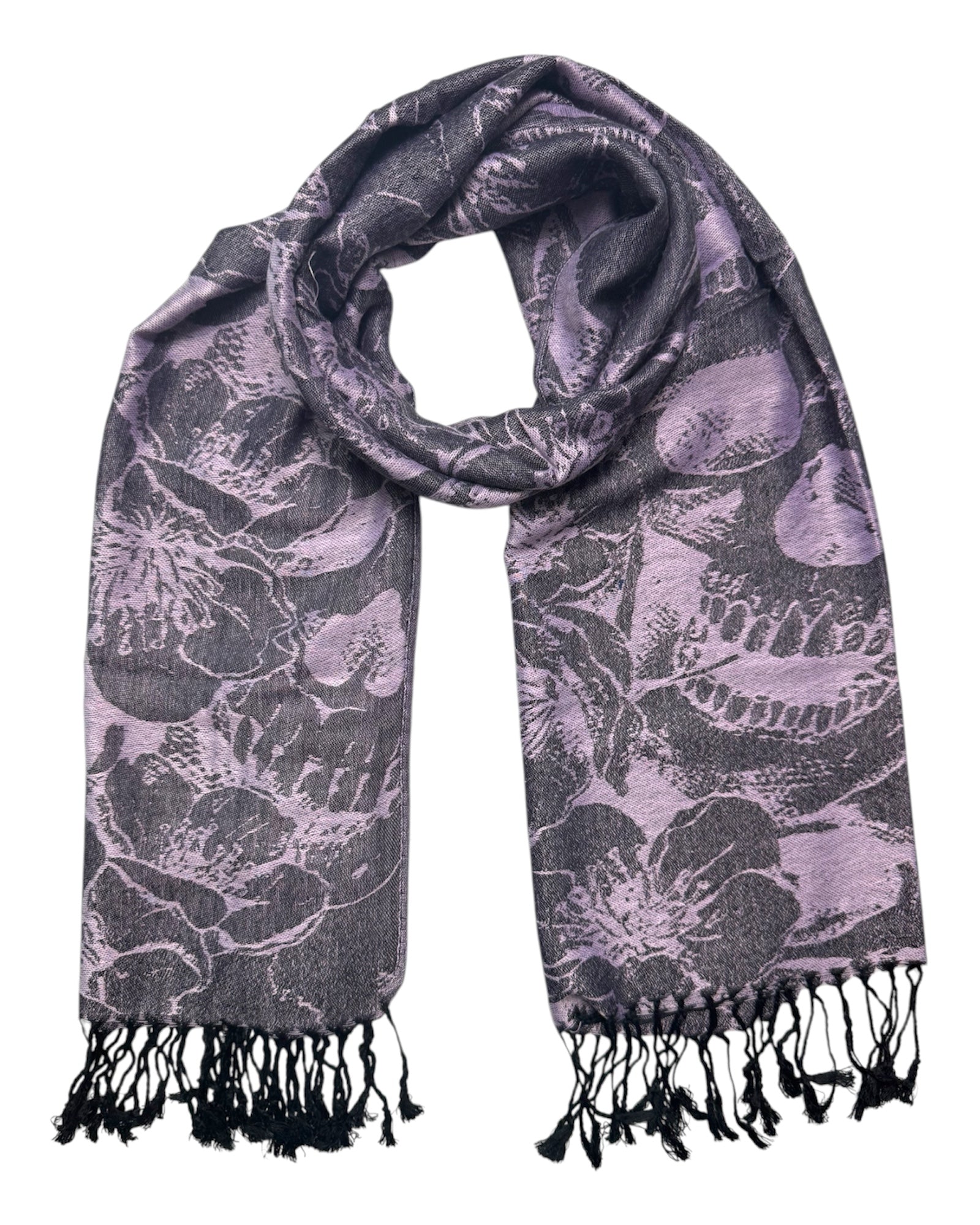 Floral patterned scarf with black tassels on a white background