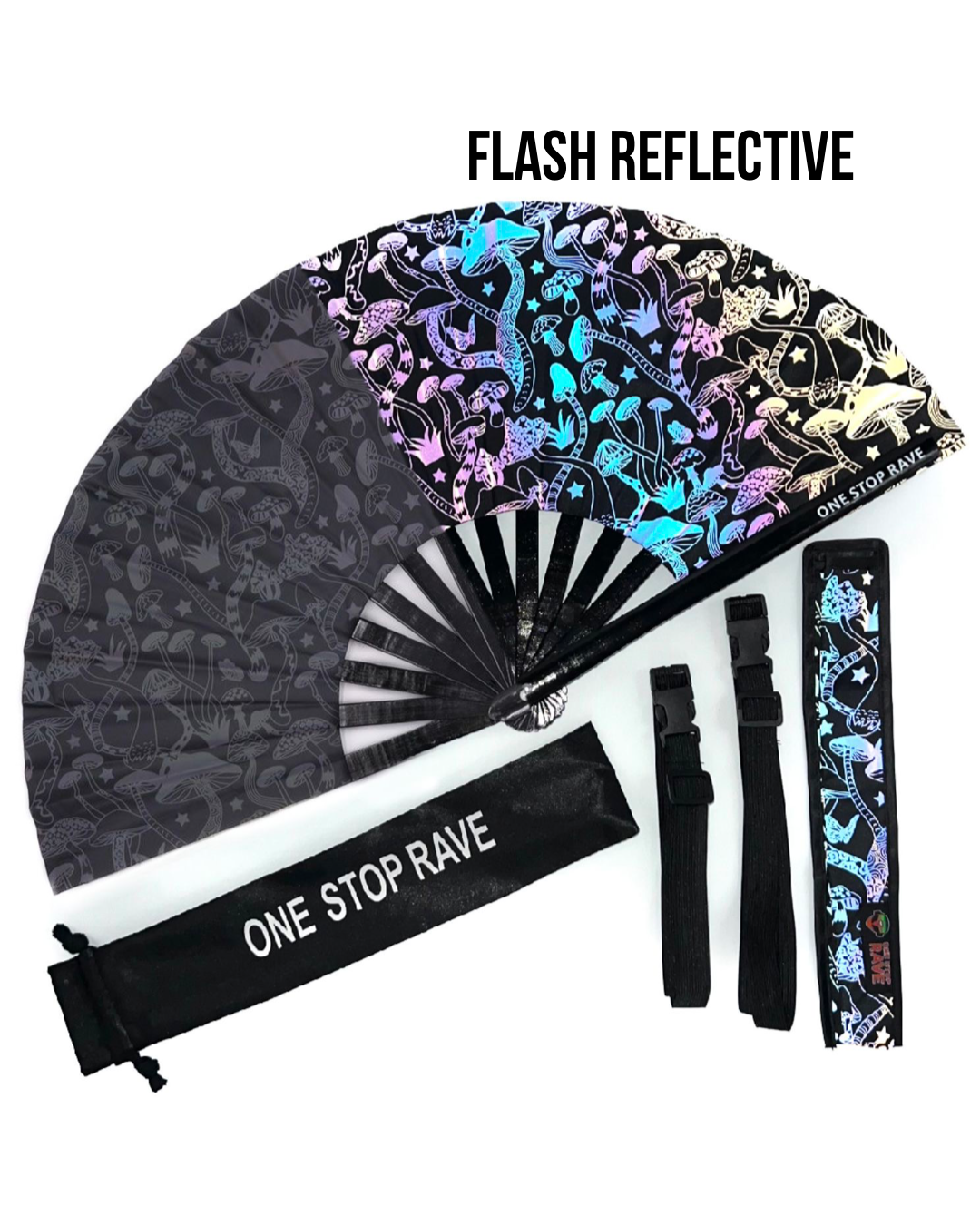 Magic Mushroom Reflective Festival Hand Fan shown with compatible One Stop Rave fan holster and fan pouch, sold separately.