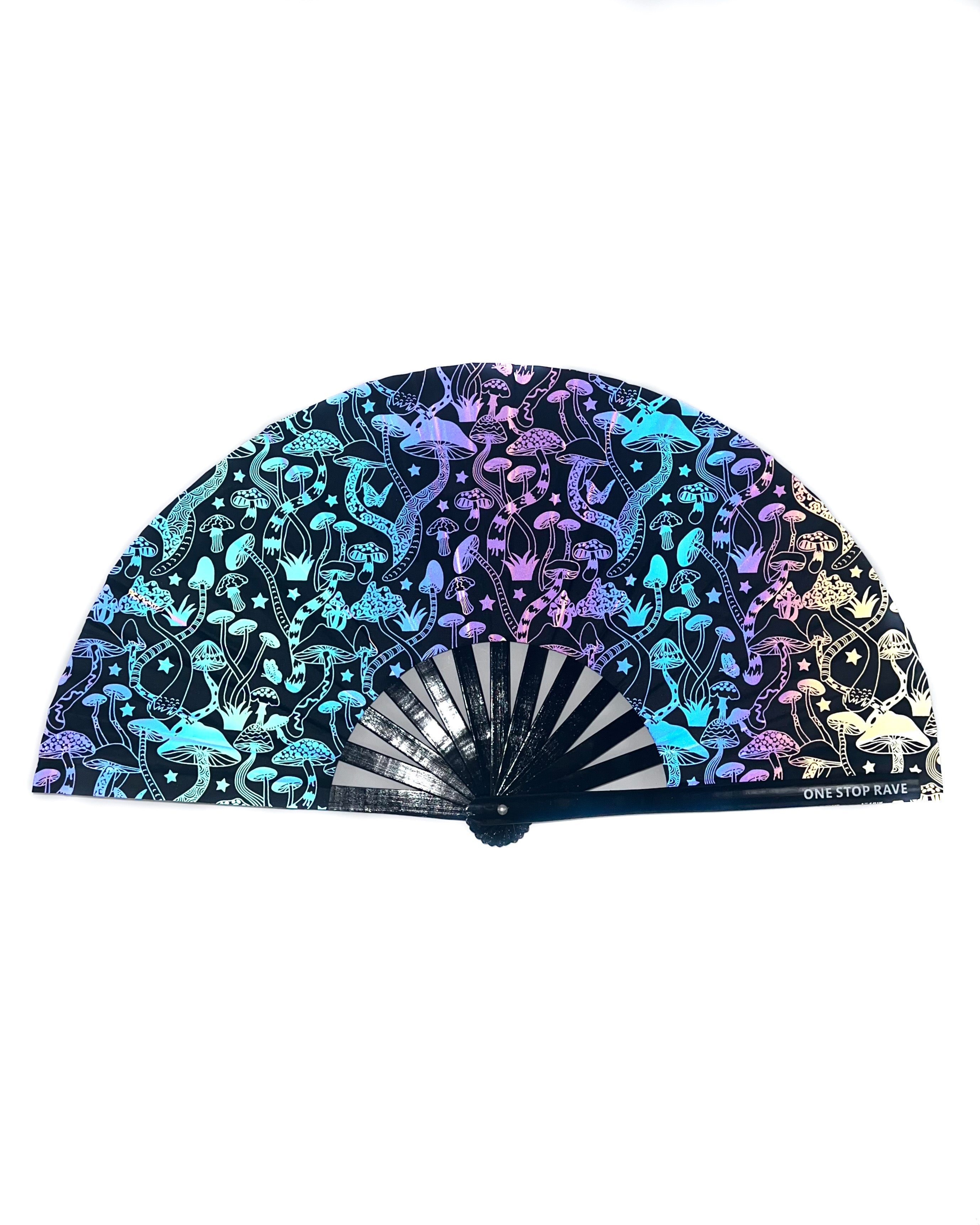 Closed Magic Mushroom Reflective Festival Hand Fan with black mushroom design.