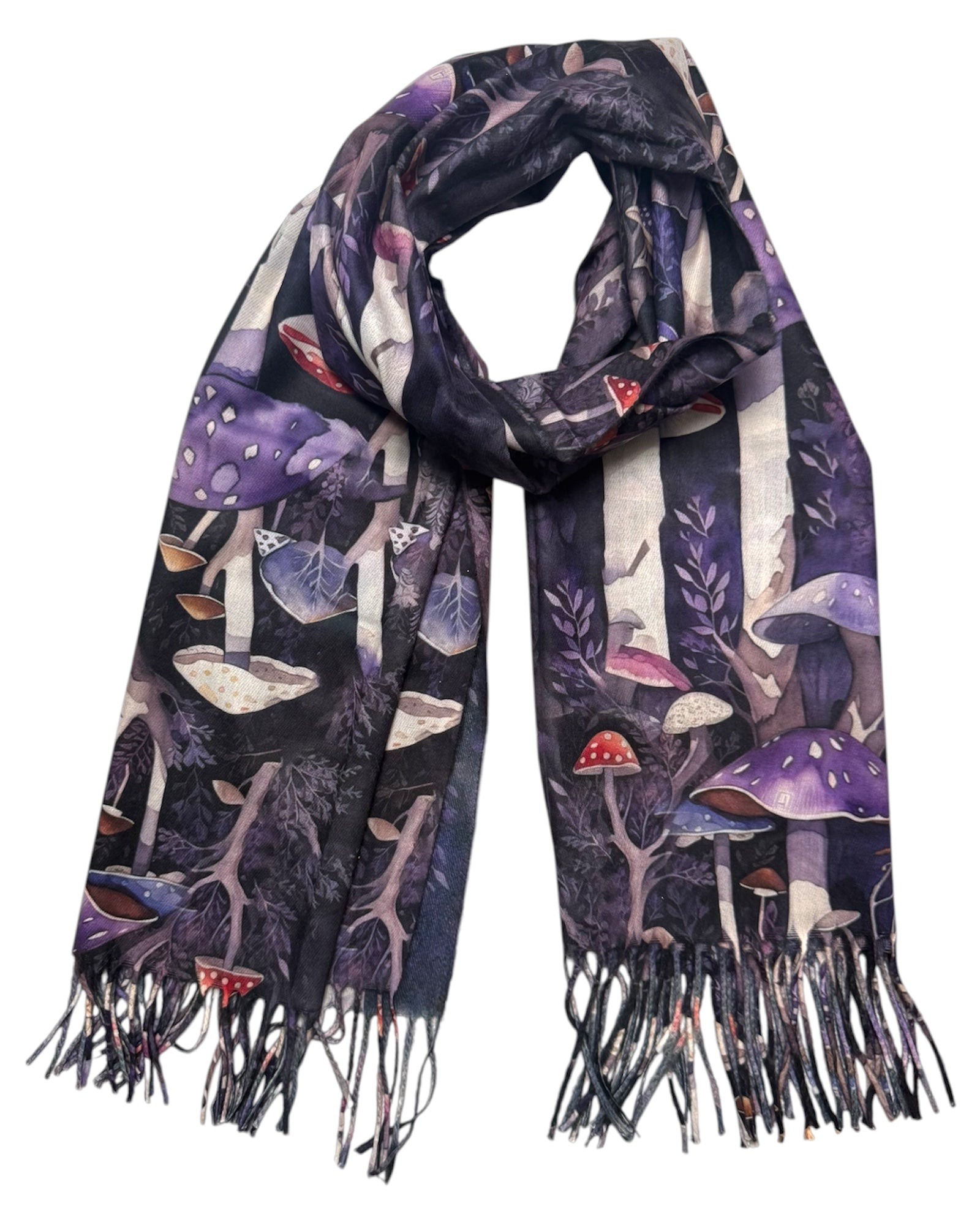Festive scarf with purple and white pattern on a white background