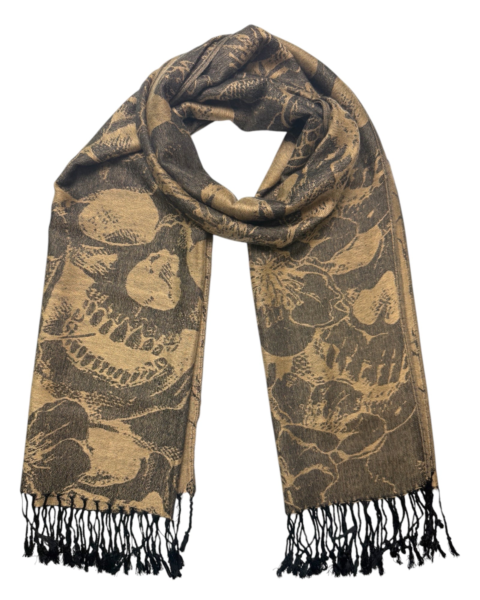 Skull patterned scarf with black fringes on a white background
