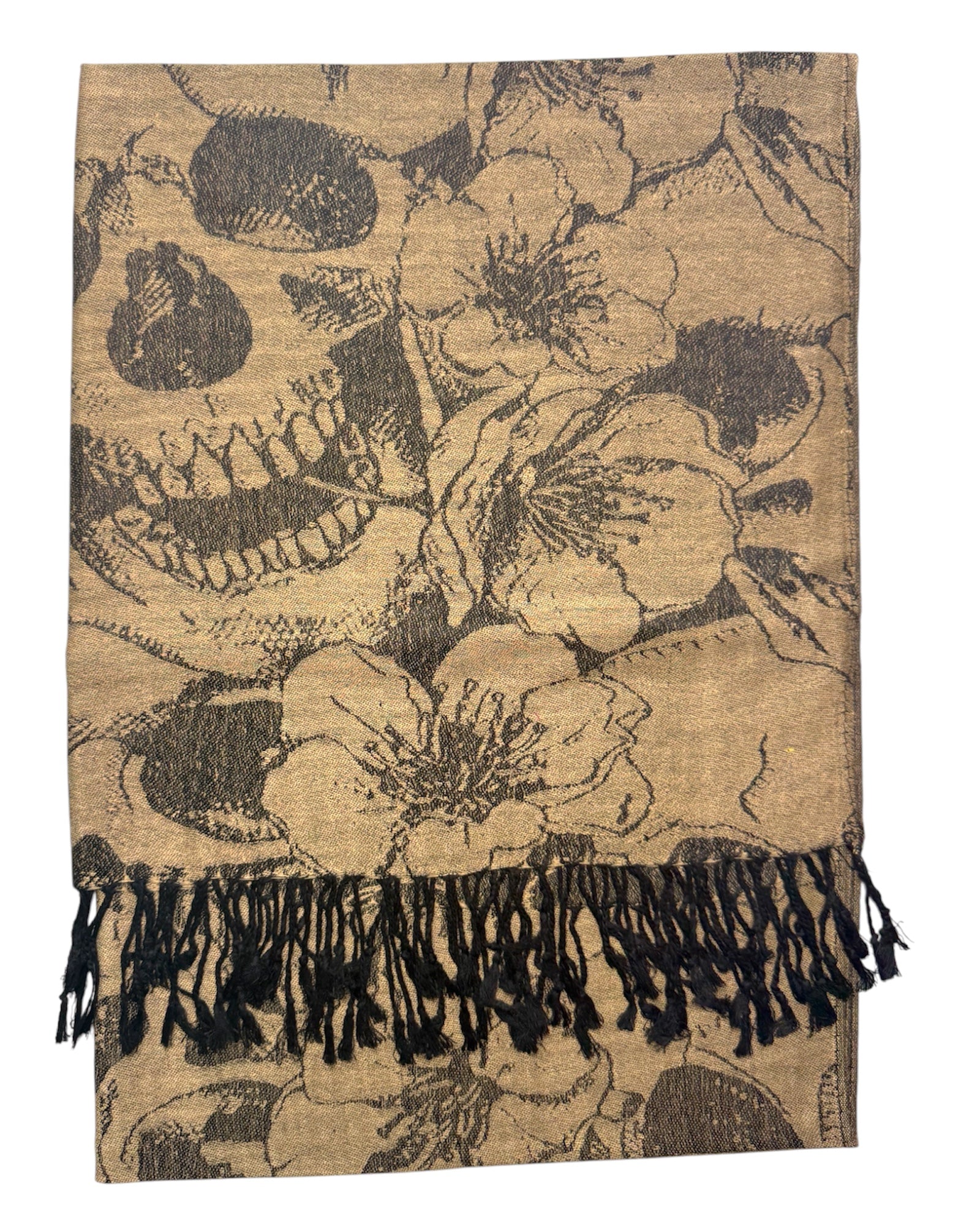 Beige scarf with black floral pattern and fringes on a white background