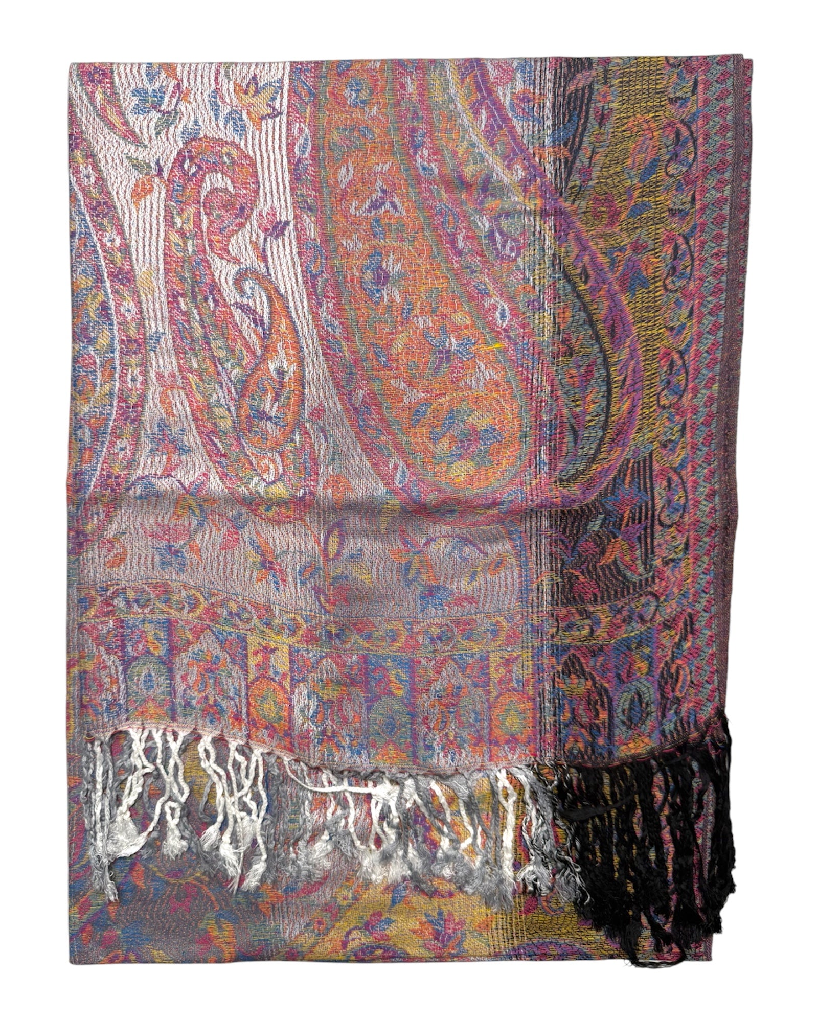 Colorful patterned scarf with intricate designs on a white background