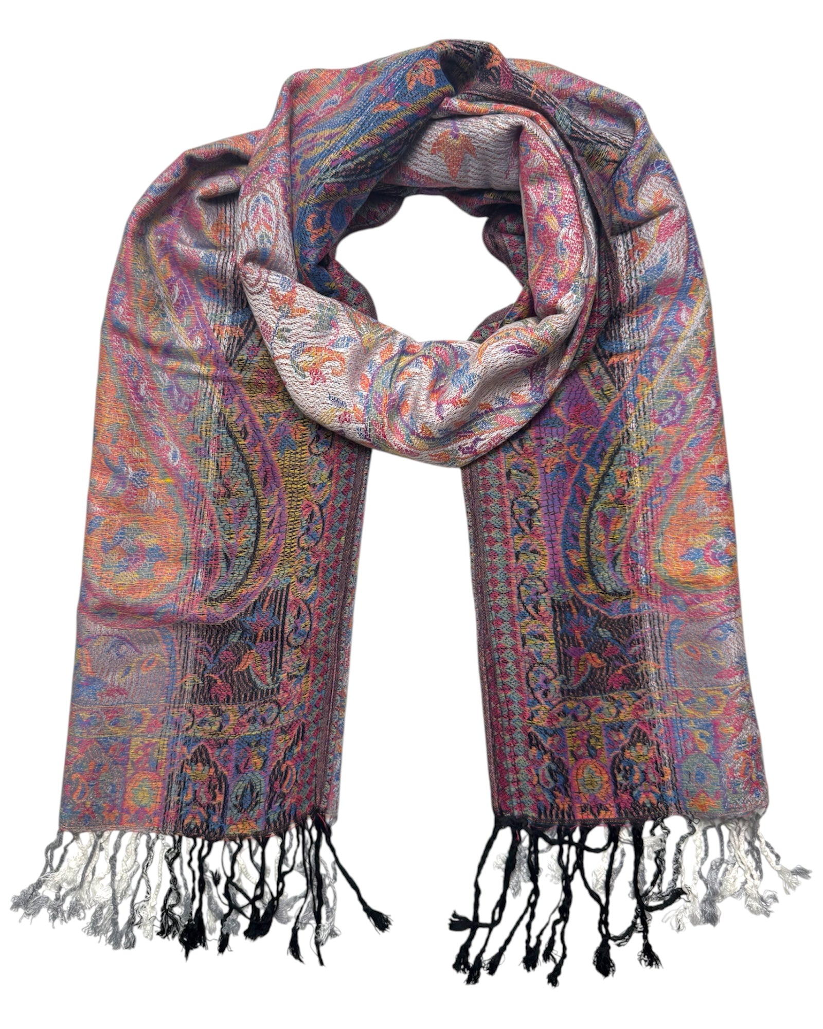 Multicolored paisley patterned scarf with tassels on a white background
