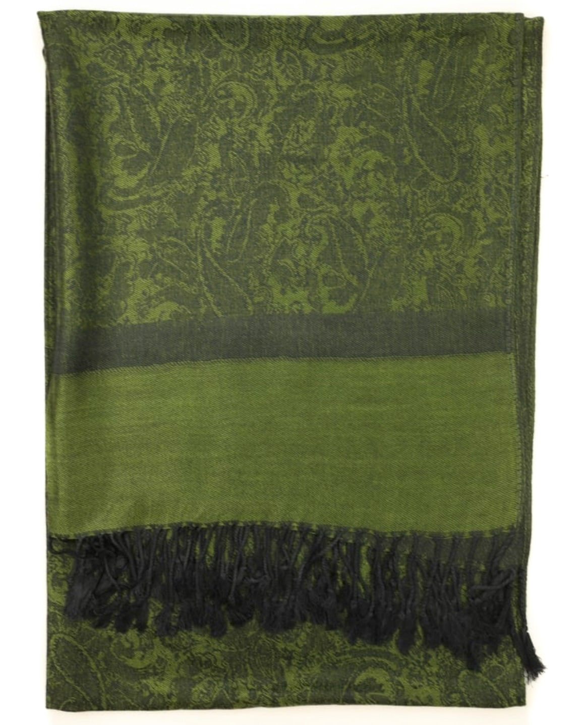 Green scarf with black patterns and fringes on a white background