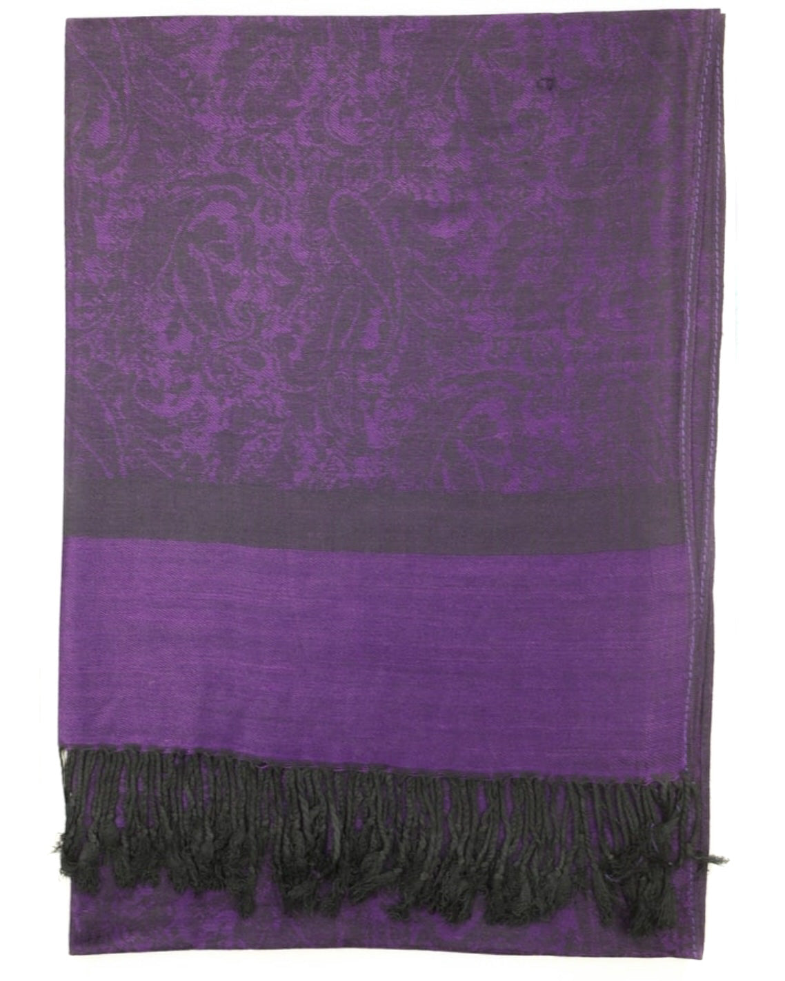 Purple scarf with black fringe on a white background
