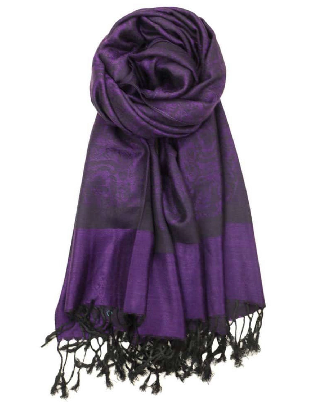 Purple scarf with black fringe on a white background