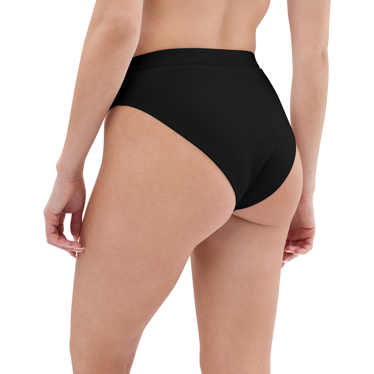 Side view of the recycled black rave bottoms and high-waisted fit