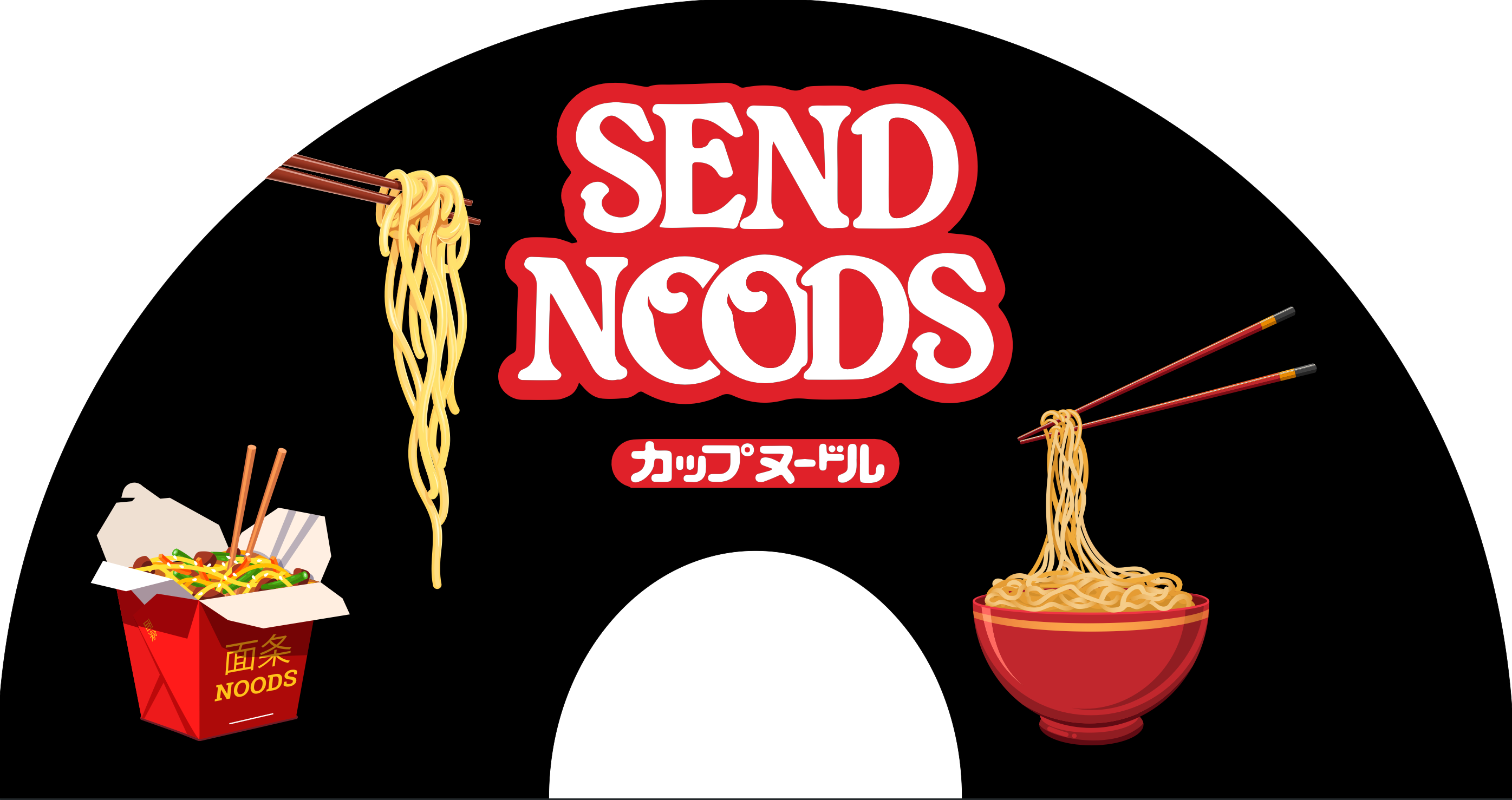 Send Noods Festival Hand Fan featuring ramen noodles, chopsticks, and humorous "Send Noods" artwork.