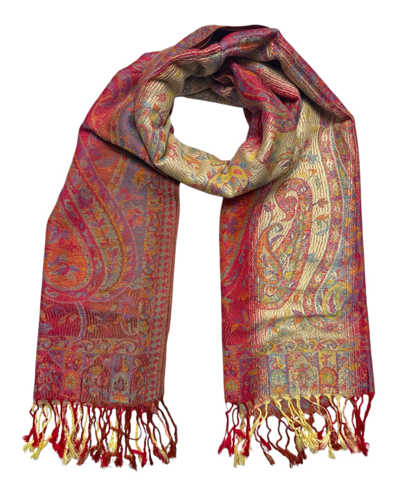 Colorful paisley patterned scarf with fringes on a white background