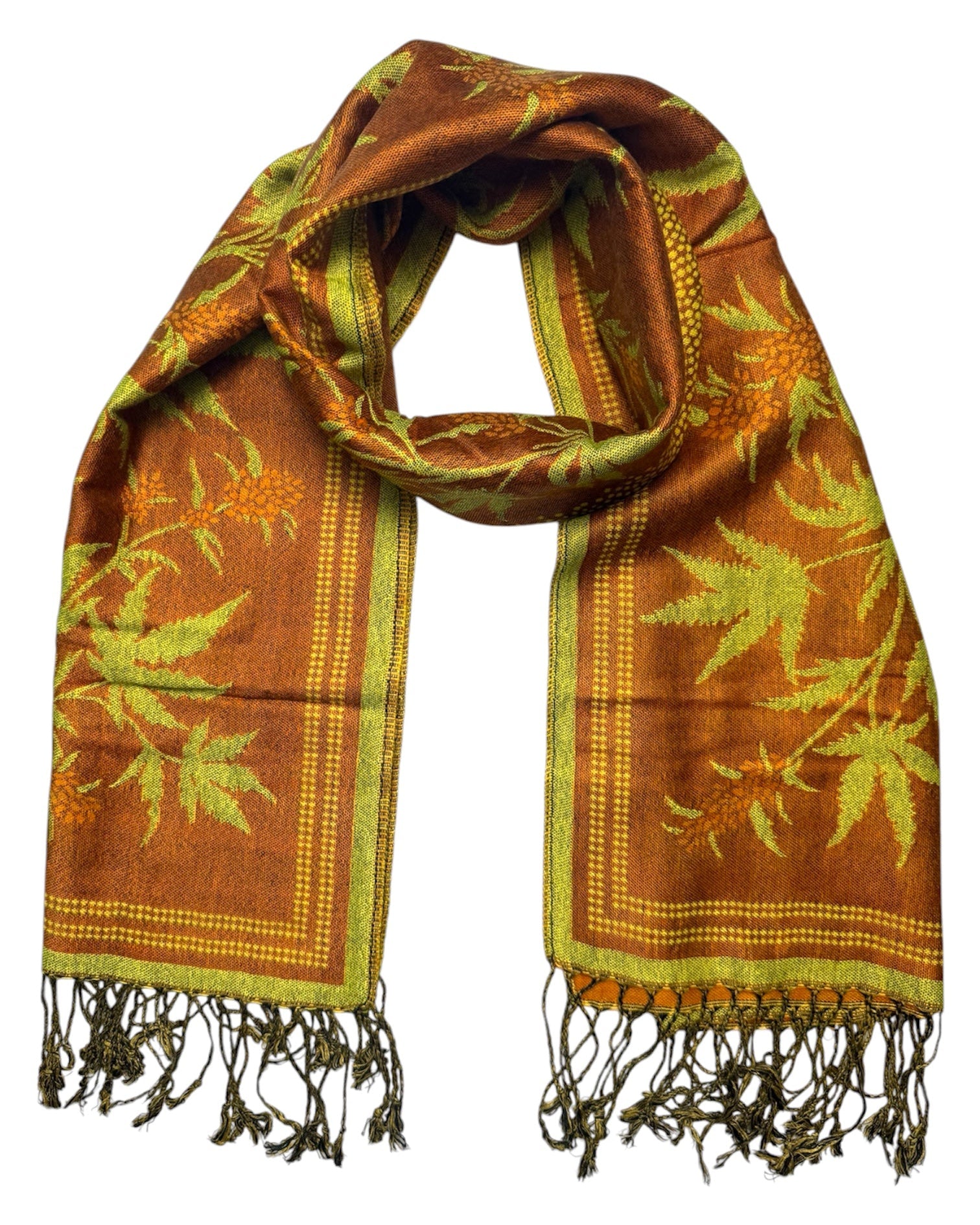 Brown and green patterned scarf with fringes on a white background