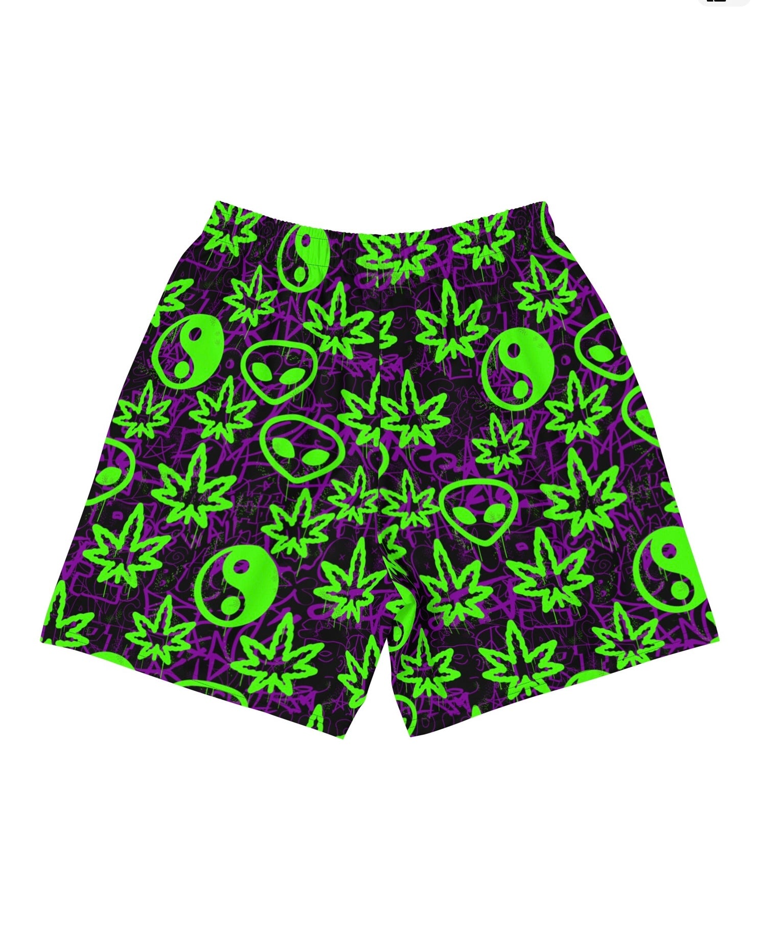 Shorts with green alien and marijuana leaf designs on a purple background