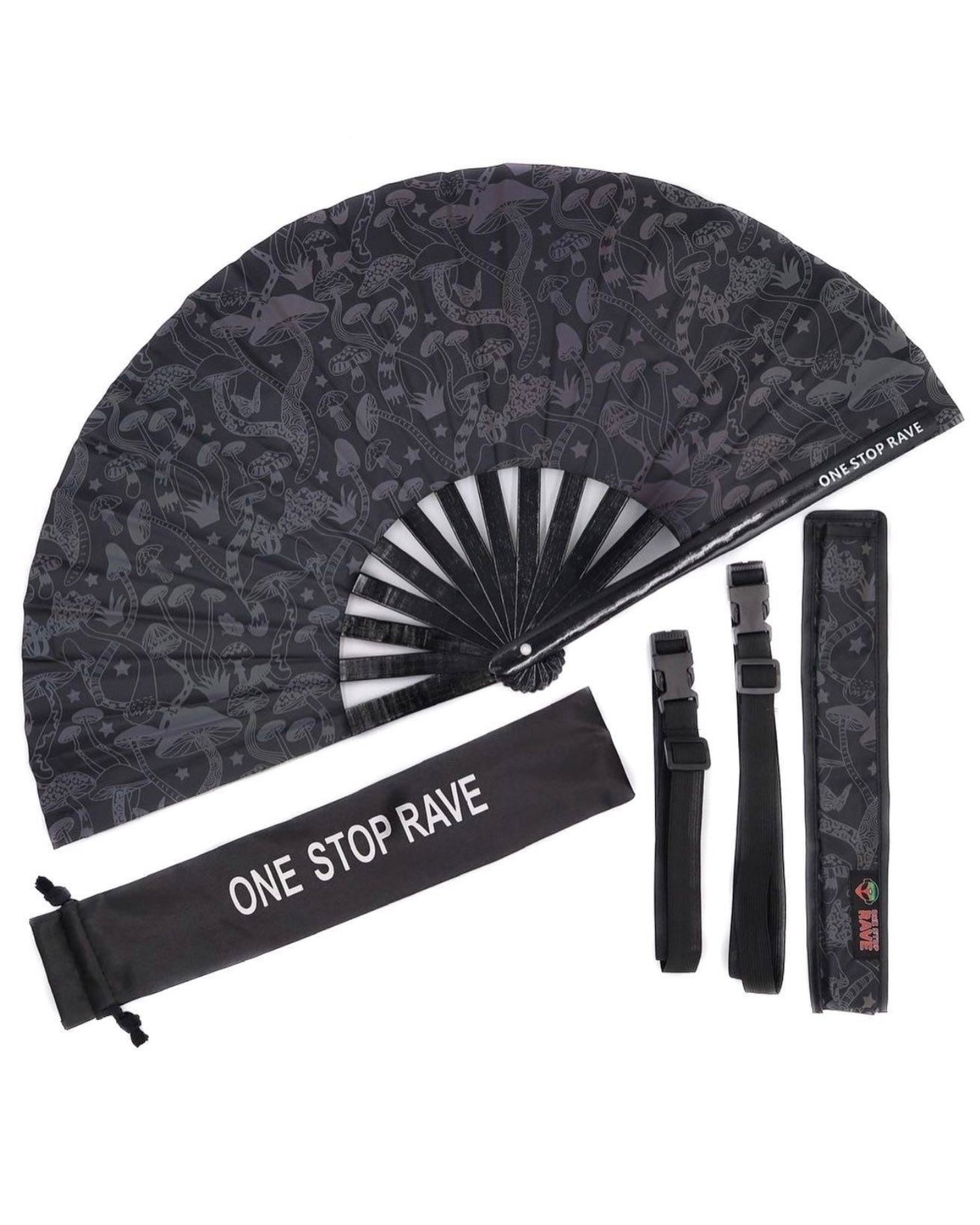 Magic Mushroom Reflective Festival Hand Fan shown with compatible One Stop Rave fan holster and fan pouch, sold separately.