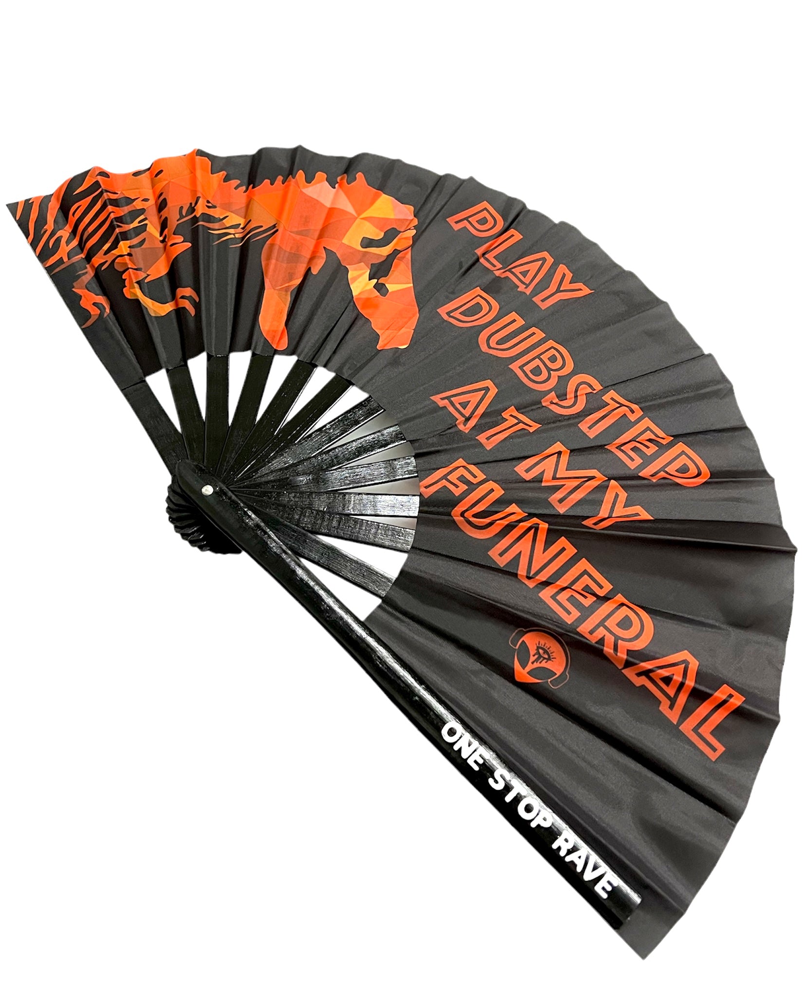 Play Dubstep At My Funeral hand fan folded at an angle, showing T-Rex design.