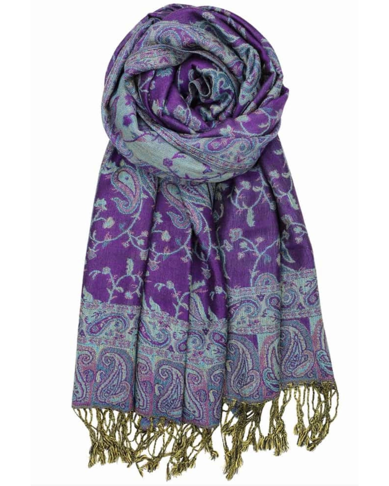 A reversible paisley pattern pashmina in purple and turquoise with fringes, draped around a neck.