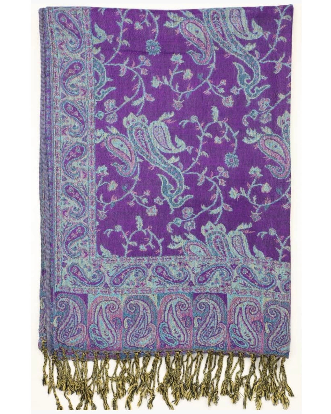A reversible paisley pattern pashmina in purple and turquoise with fringes, draped around a neck.