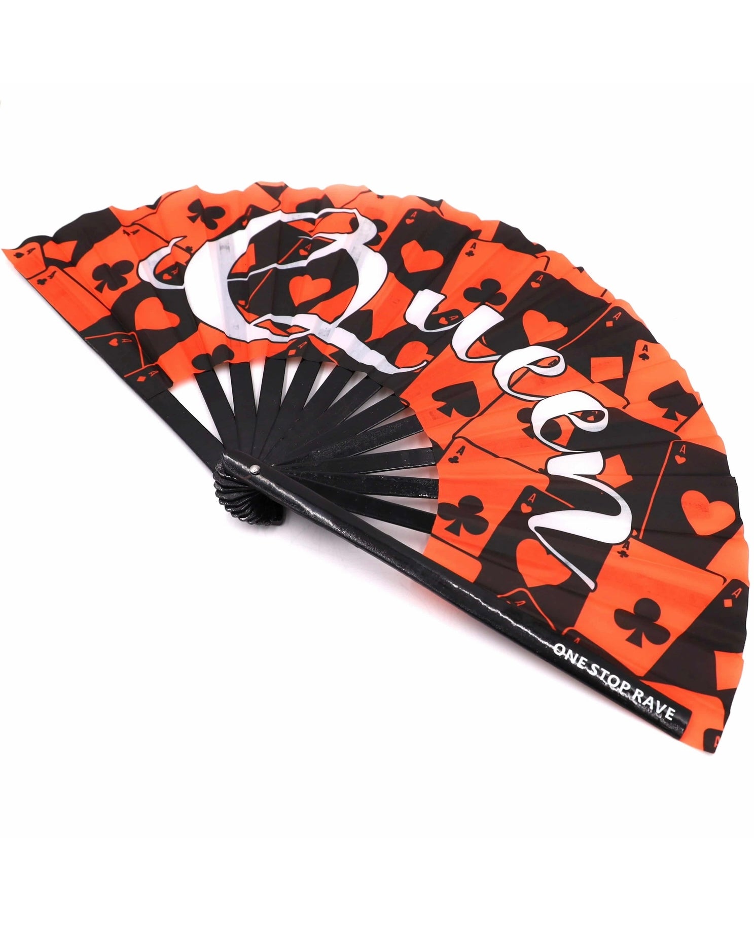 Queen of Hearts hand fan angled view red black playing cards print.