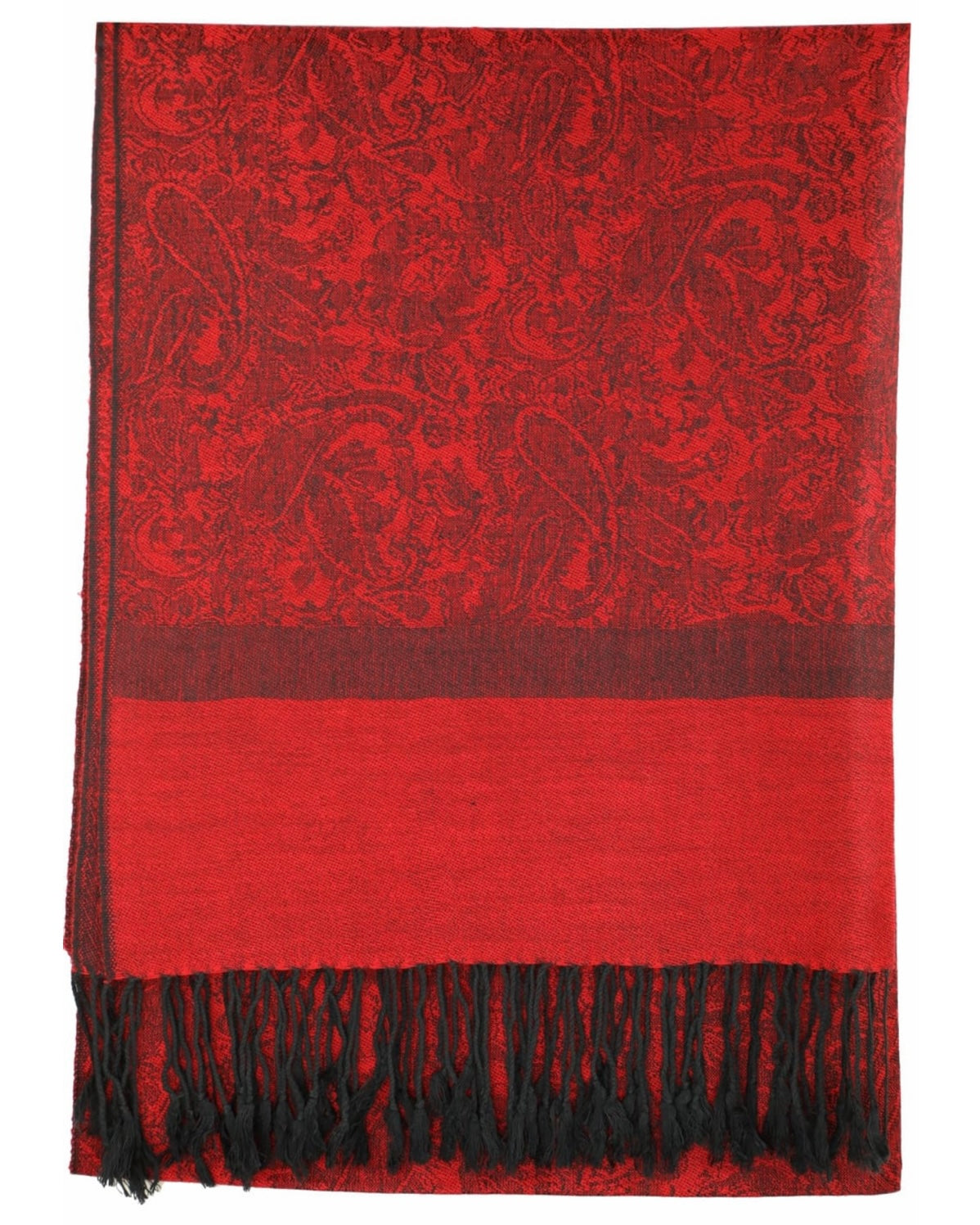 A red and black paisley patterned pashmina draped around a mannequin with fringes at the bottom.