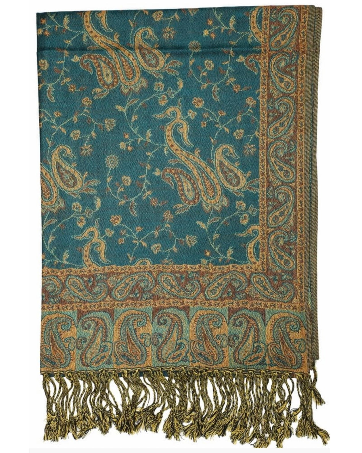 A seafoam and brown reversible paisley pattern pashmina with fringes displayed around shoulders.