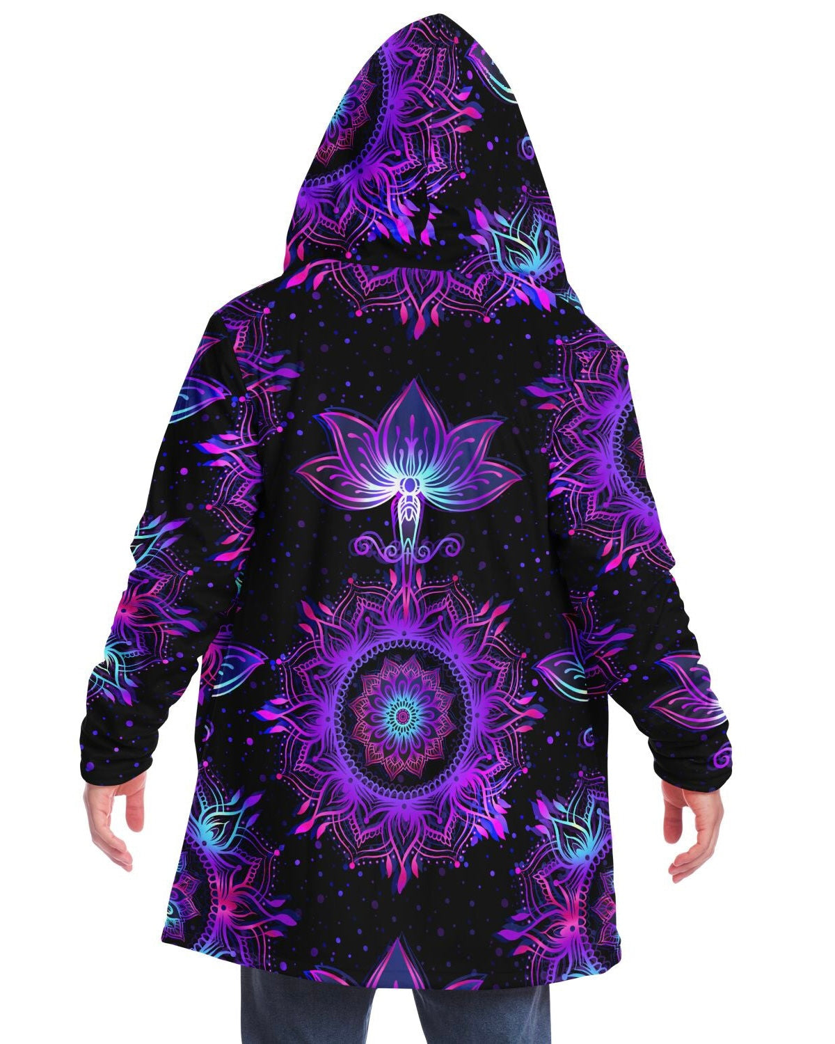 Back view of the model in the Starlight Mandala Cloak with hands down, presenting the design naturally.